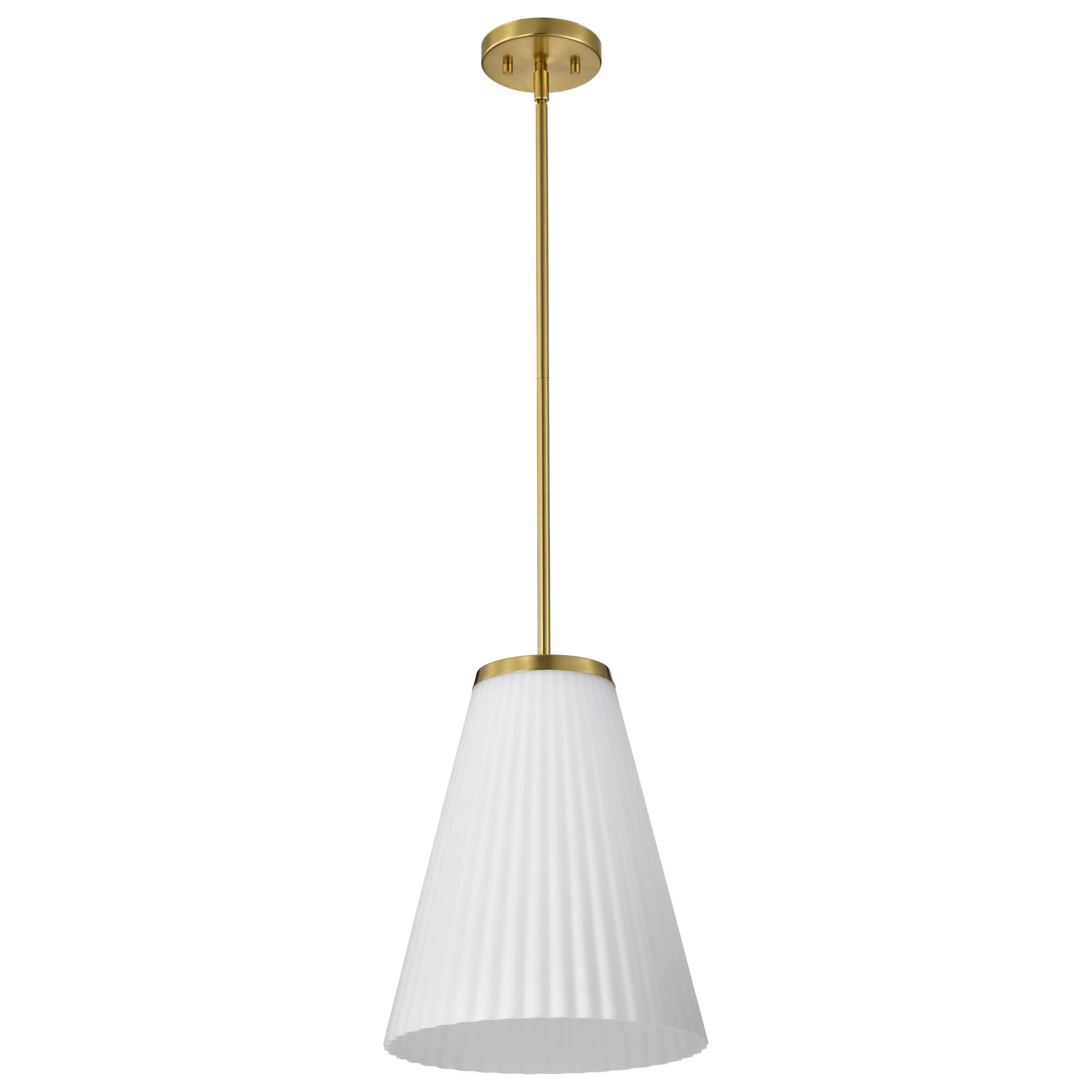 Shown in Burnished Brass finish and Ribbed White glass