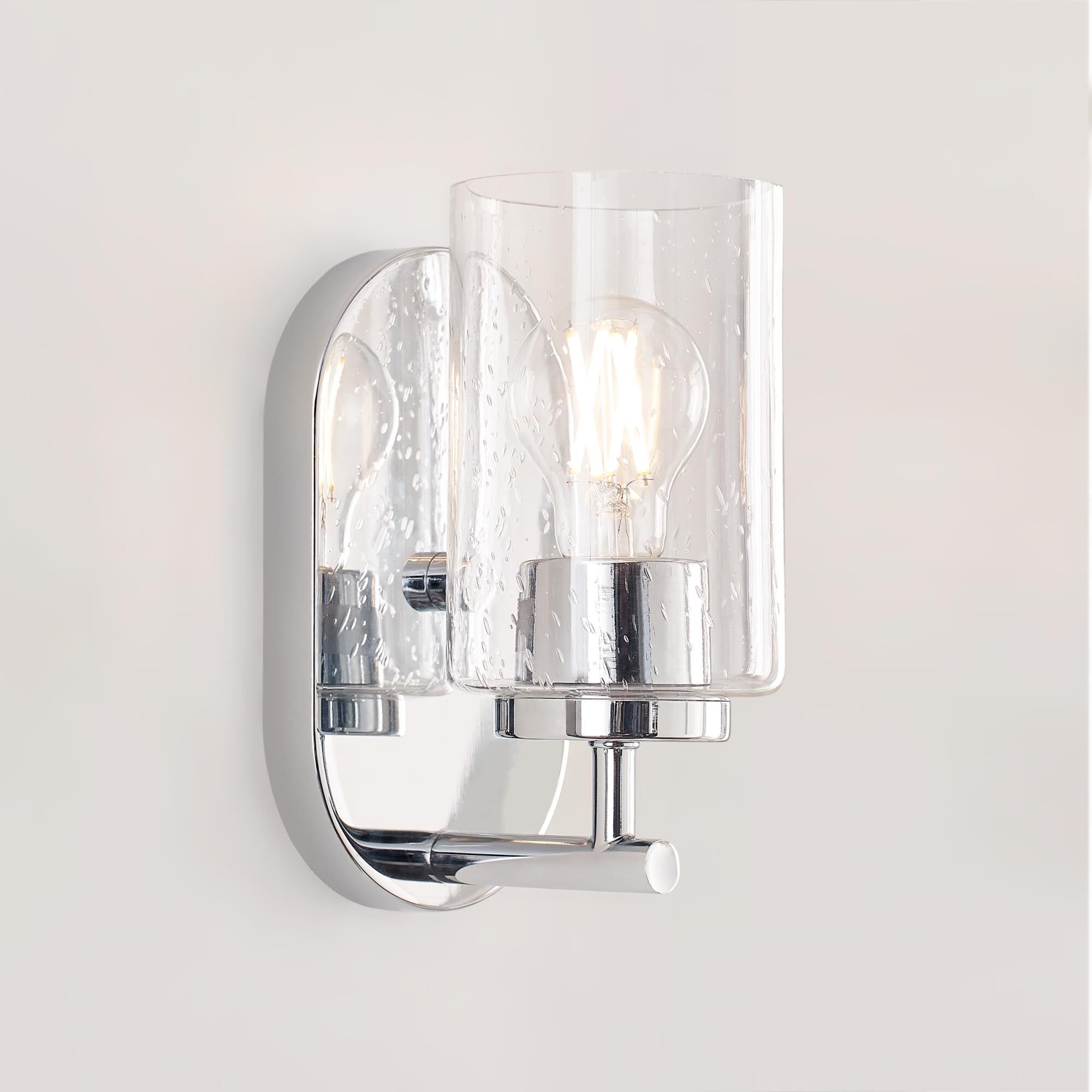 Shown in Chrome finish and Clear Seeded glass