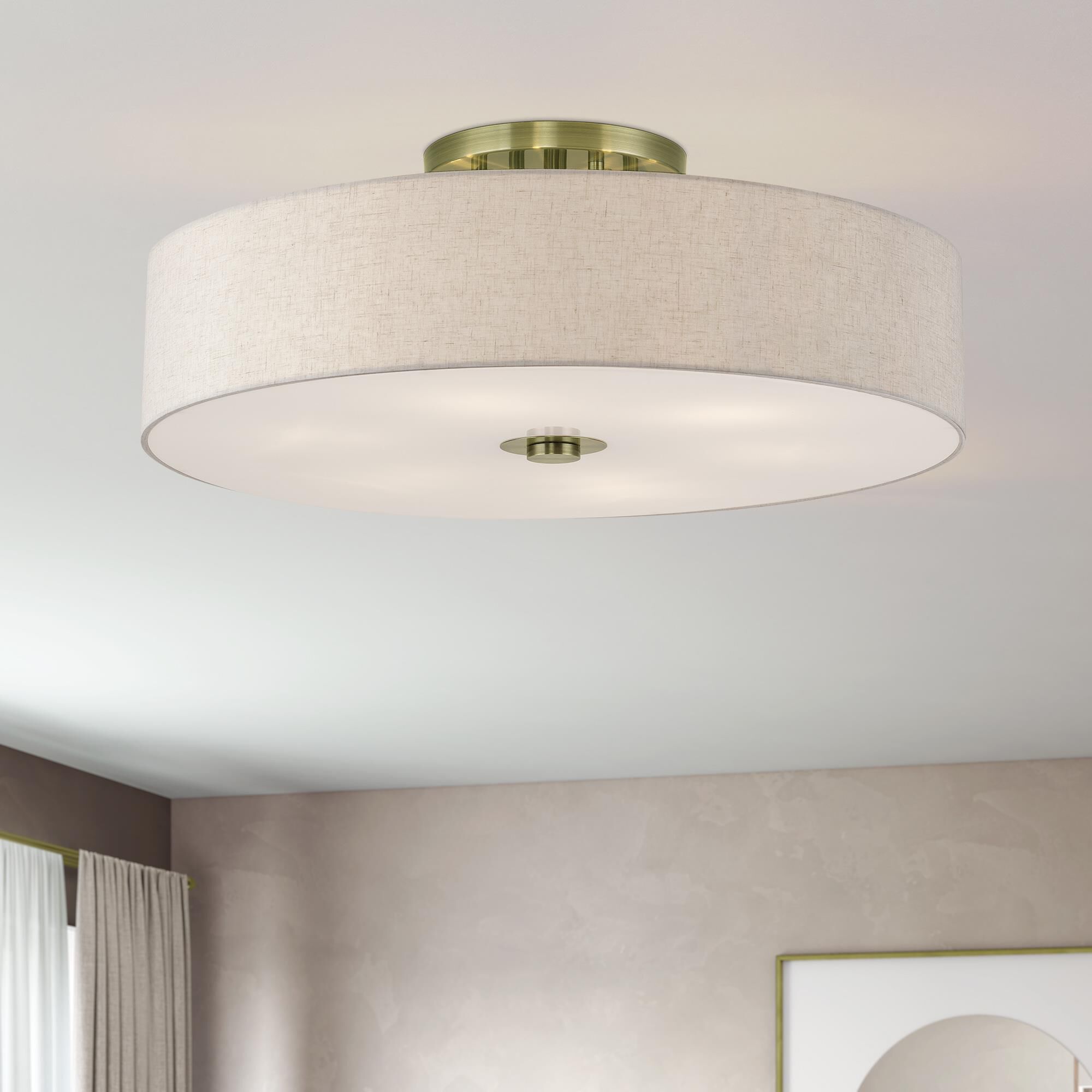 Shown in Antique Brass finish and Hand Crafted Oatmeal Color Fabric with White Color Inside shade