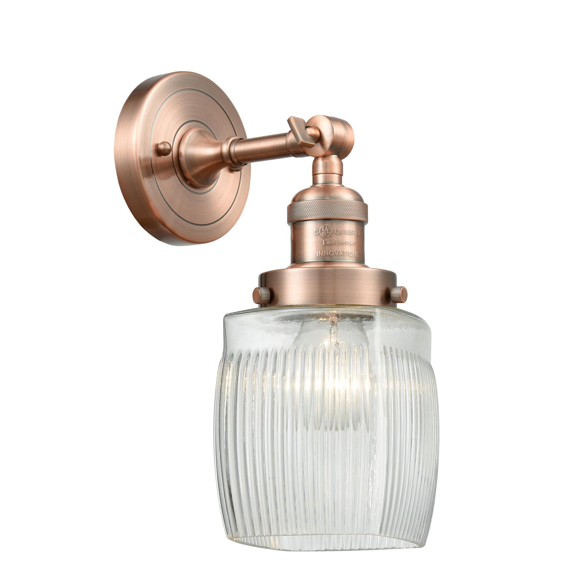 Shown in Antique Copper finish and Thick Clear Halophane glass and No Accent accent