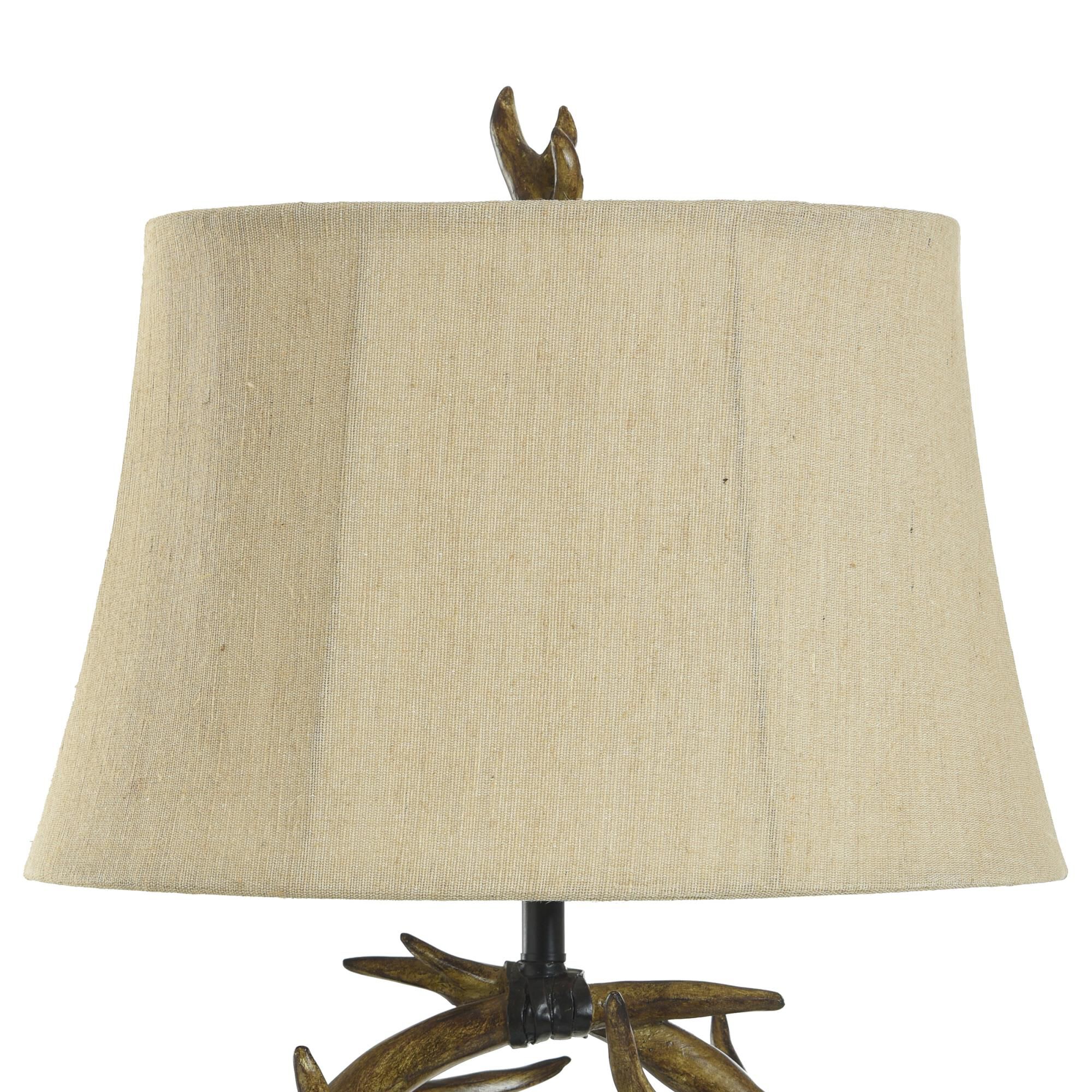 Shown in Dark Brown finish and Beige Hardback Fabric shade