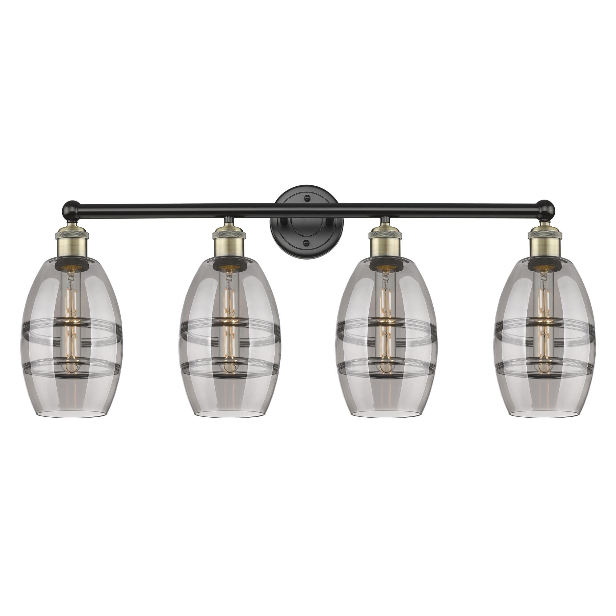 Shown in Black Antique Brass finish and Light Smoke glass