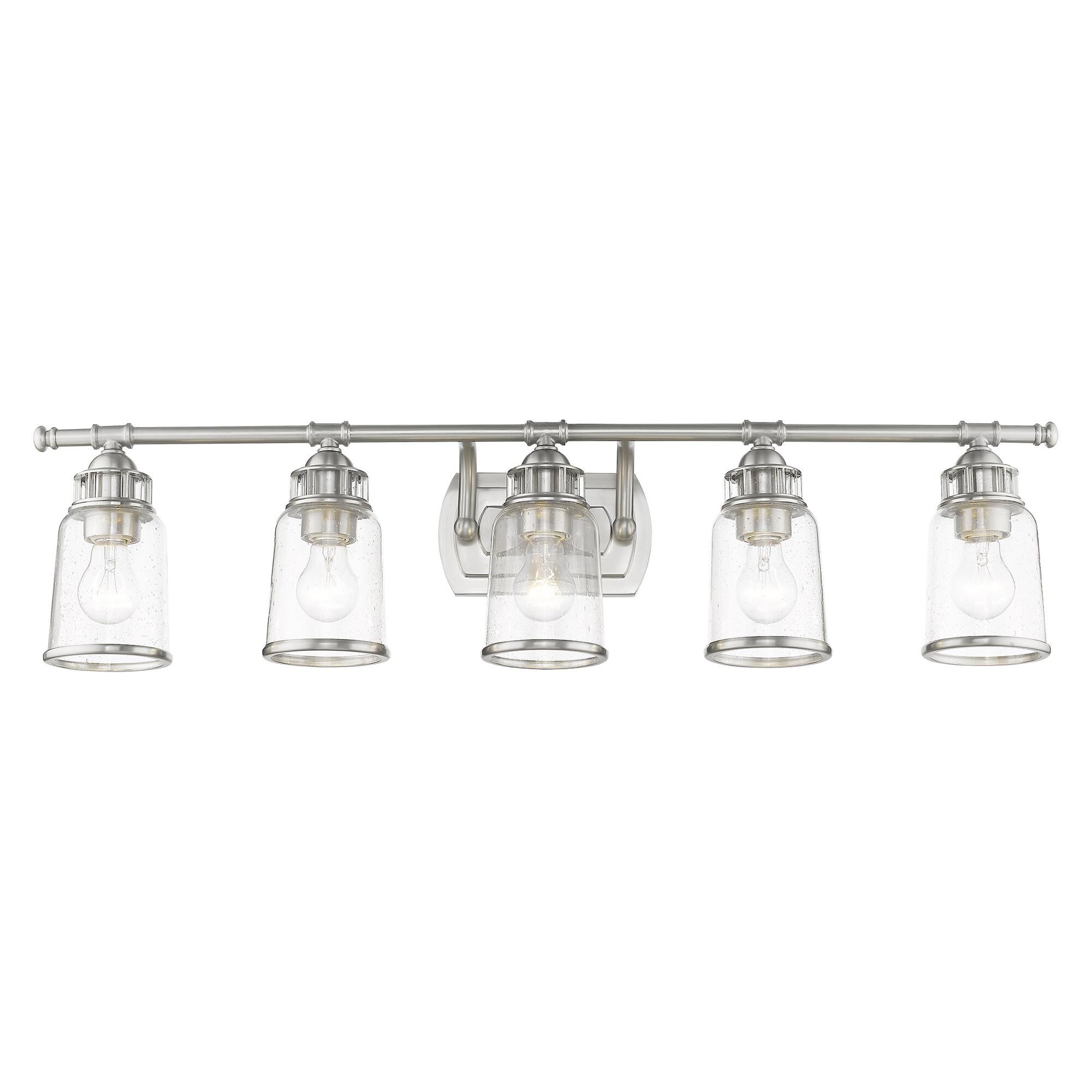 Shown in Brushed Nickel finish and Hand Blown Clear Seeded glass
