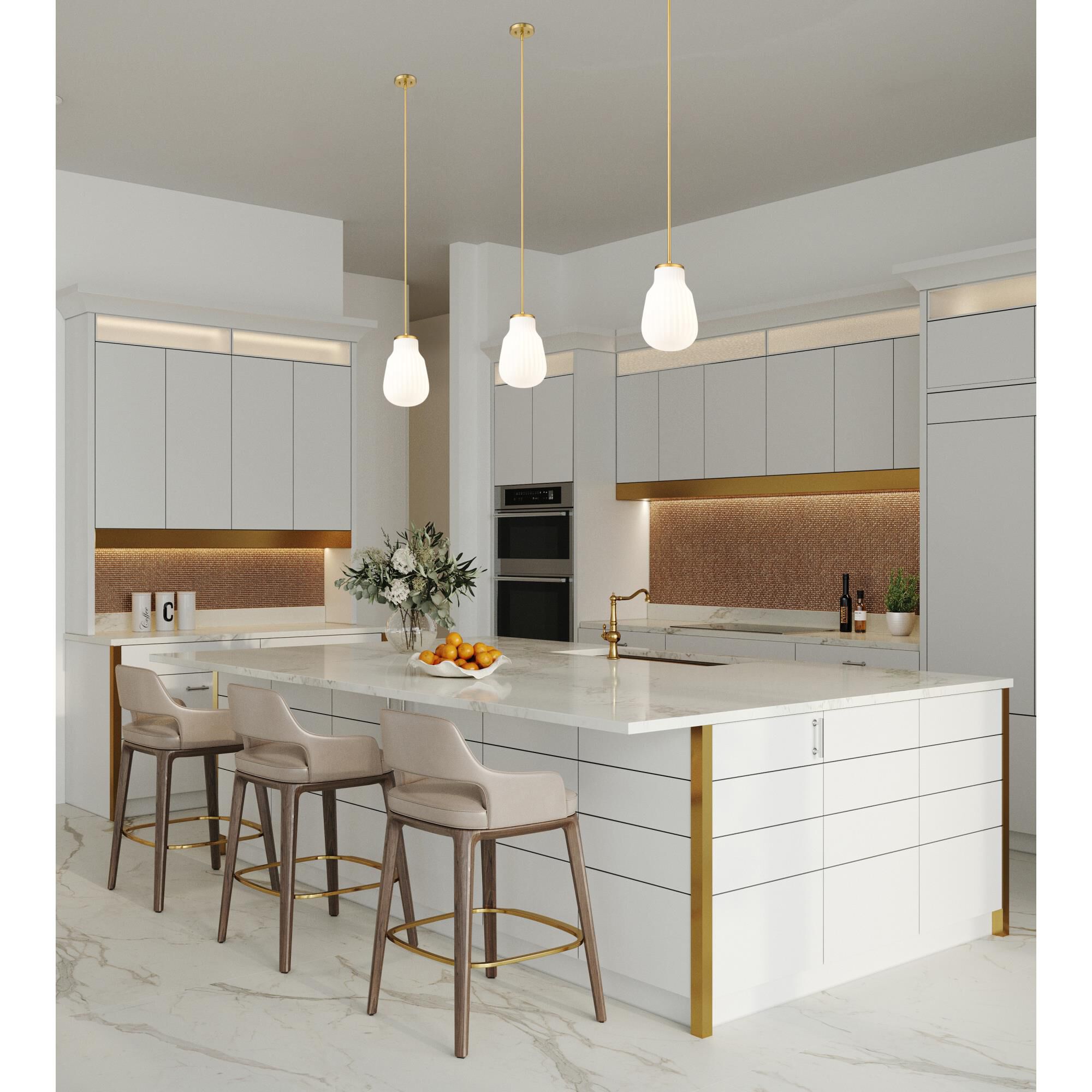 Shown in Modern Gold finish and White Opal glass and White Opal shade