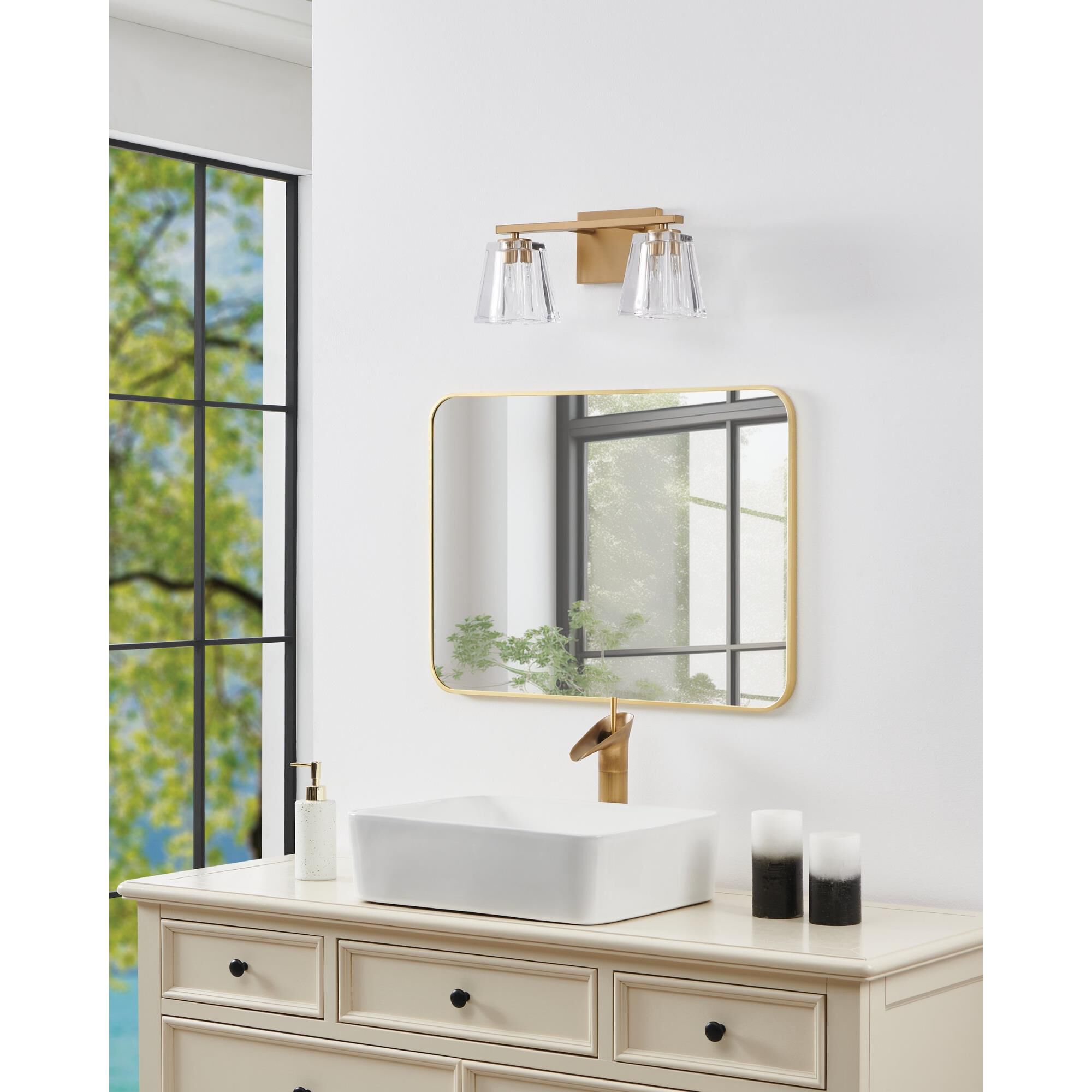 Shown in Champagne Gold finish and Clear Pressed glass