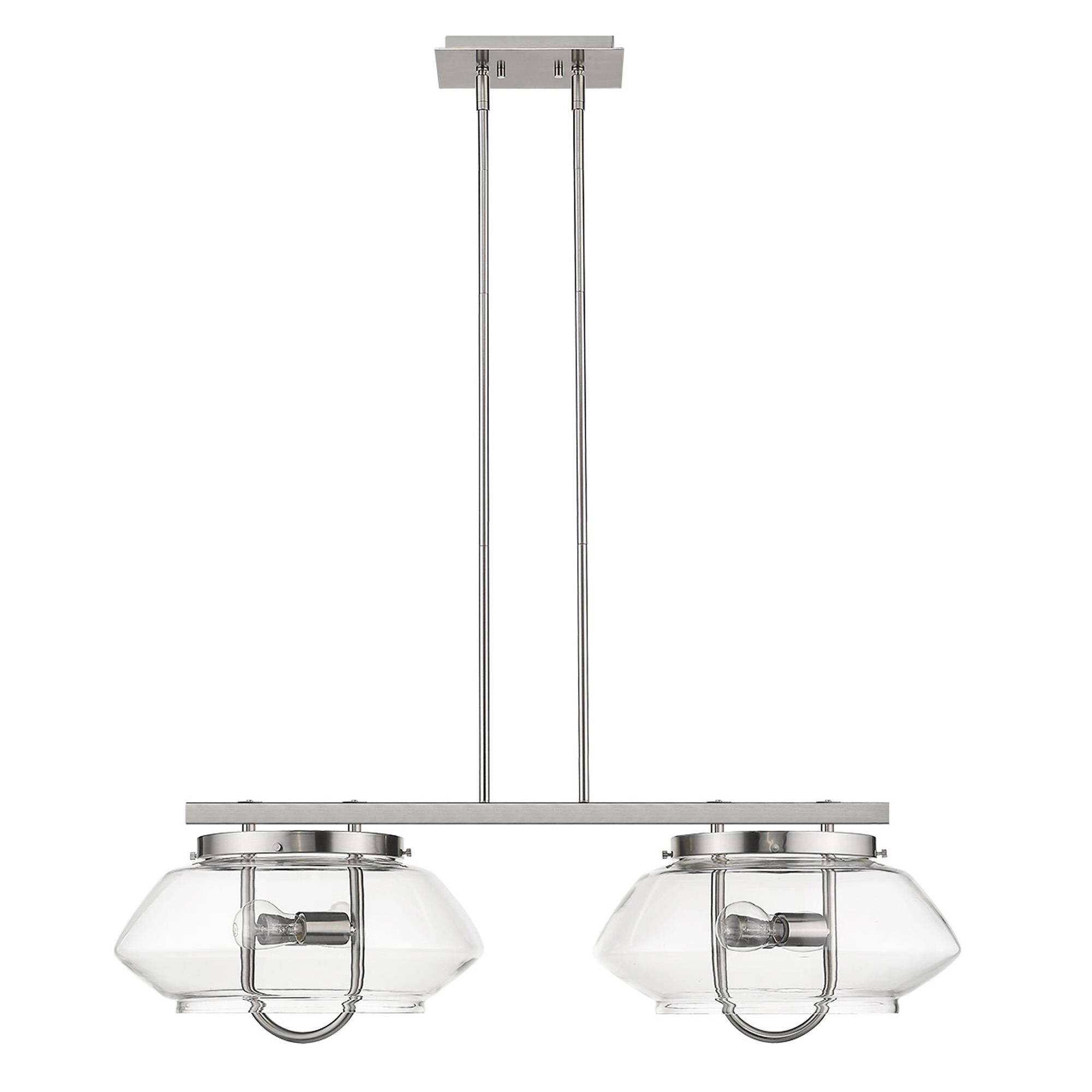 Shown in Satin Nickel finish and Clear glass and Clear Glass Drum shade