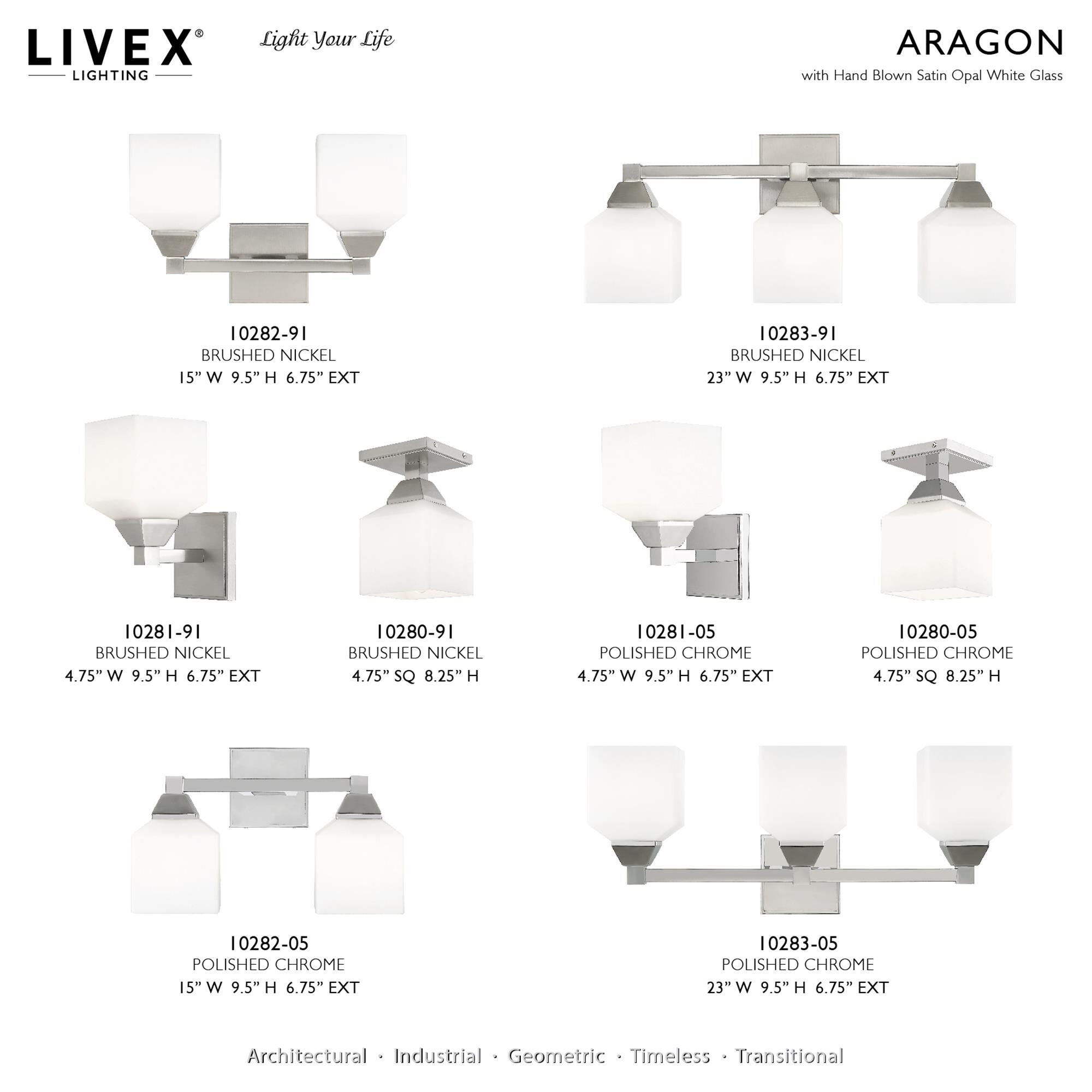 Shown in Brushed Nickel finish and Hand Blown Satin Opal White glass