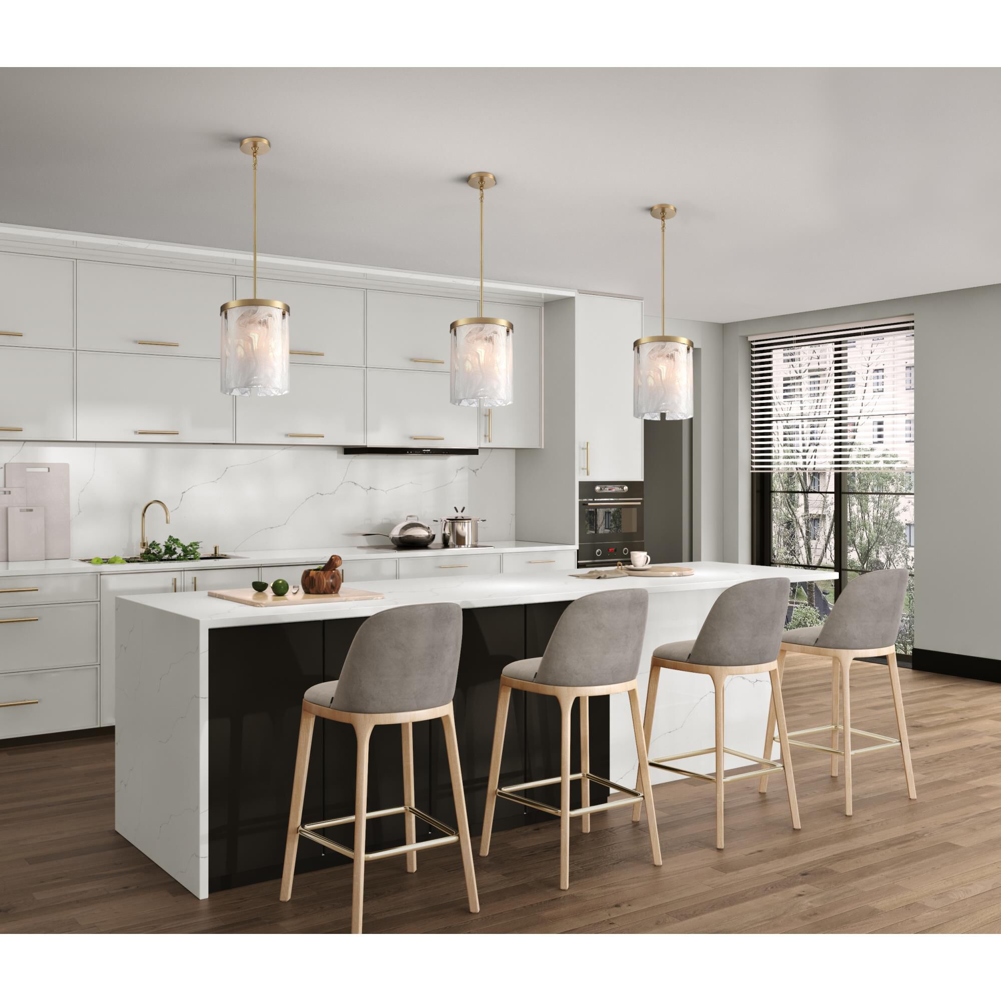 Shown in Brass finish and Clear Alabaster glass