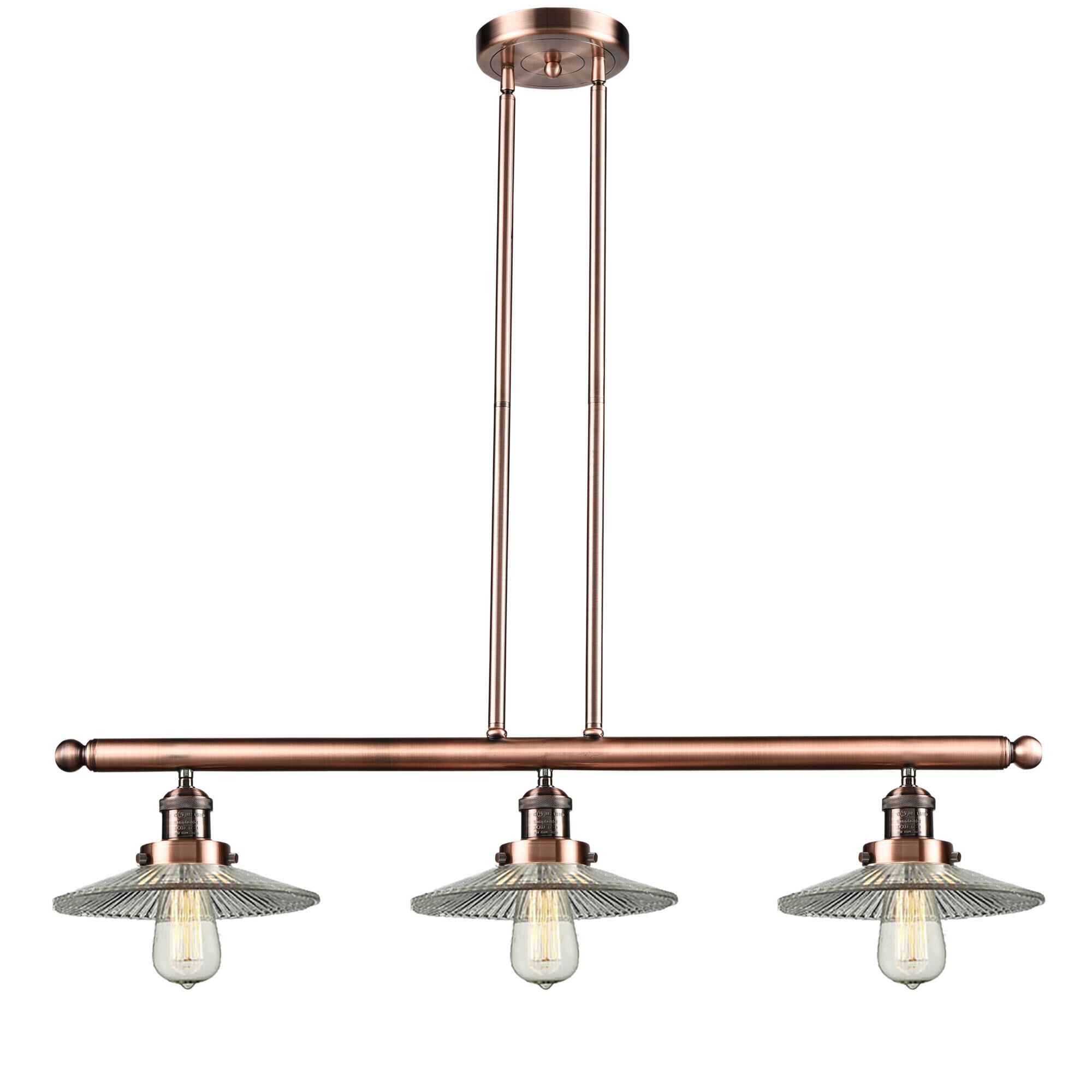 Shown in Antique Copper finish and Clear Halophane glass