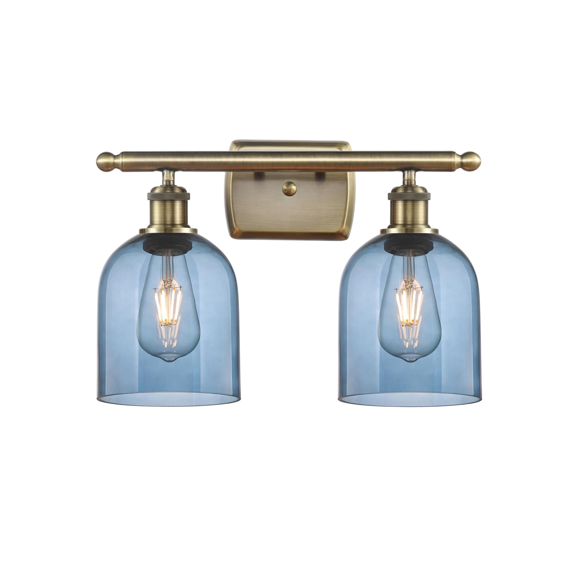 Shown in Antique Brass finish and Princess Blue glass