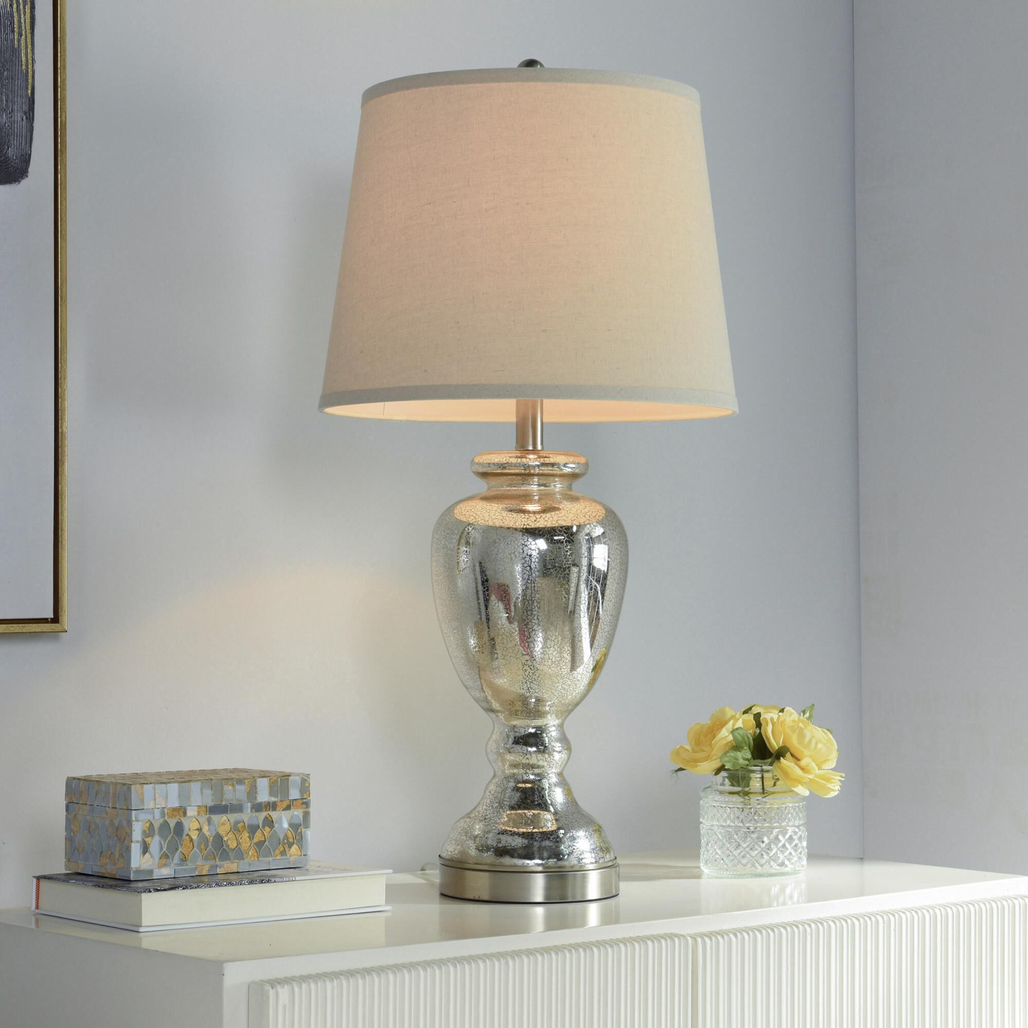 Shown in Mercury finish and White Hardback Fabric shade