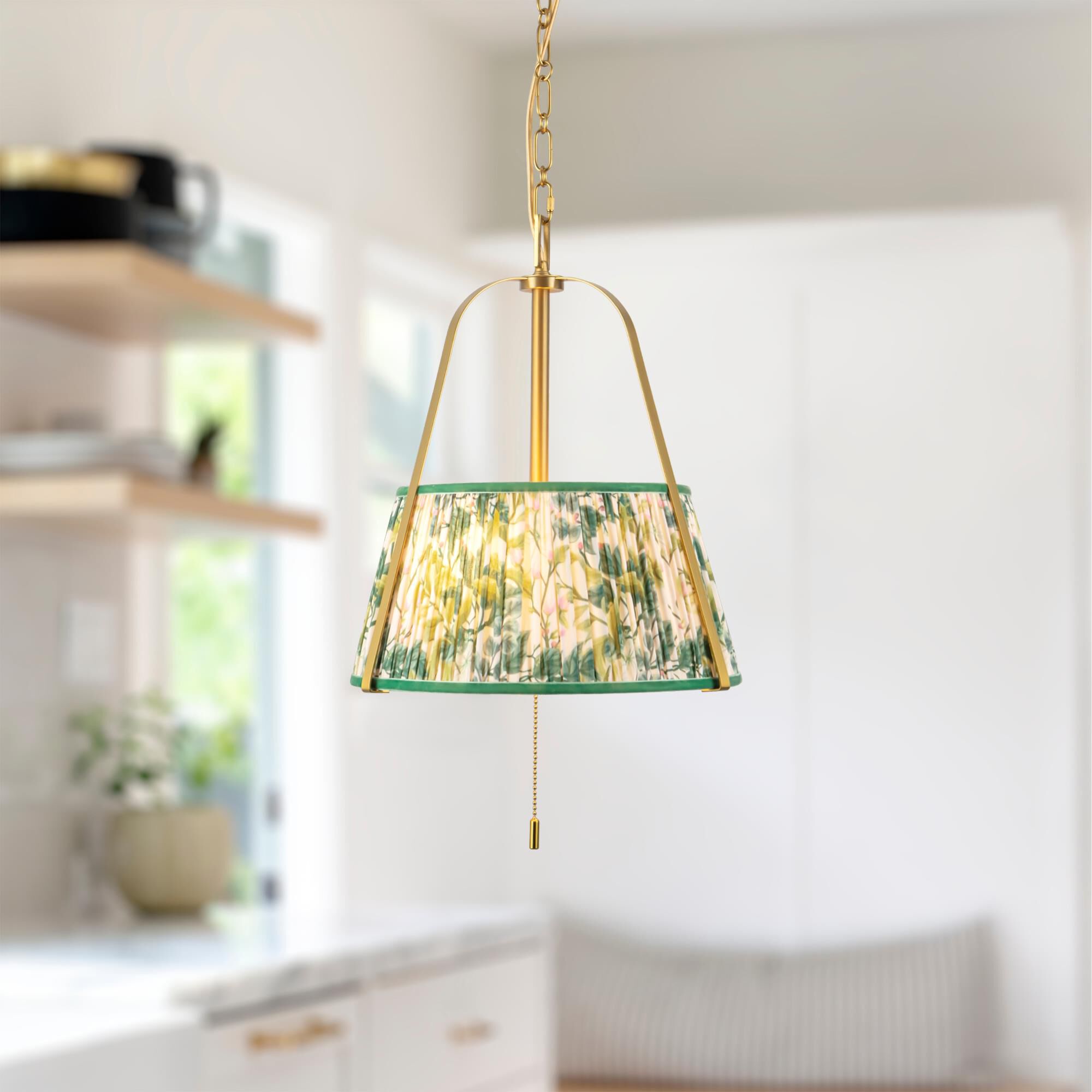 Shown in Brushed Gold finish and Green Linen shade