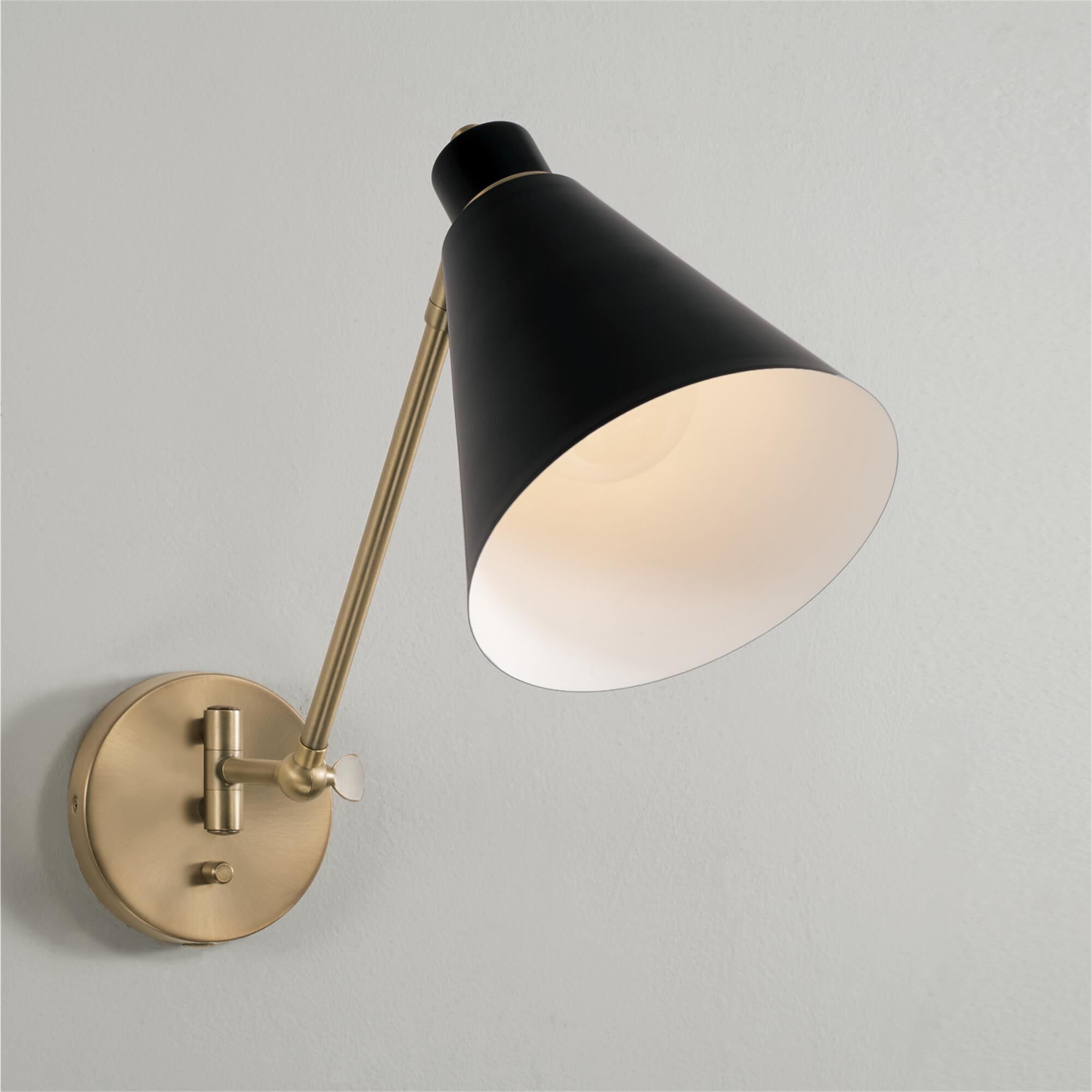Shown in Aged Brass and Black finish and Black Metal  with White Interior shade
