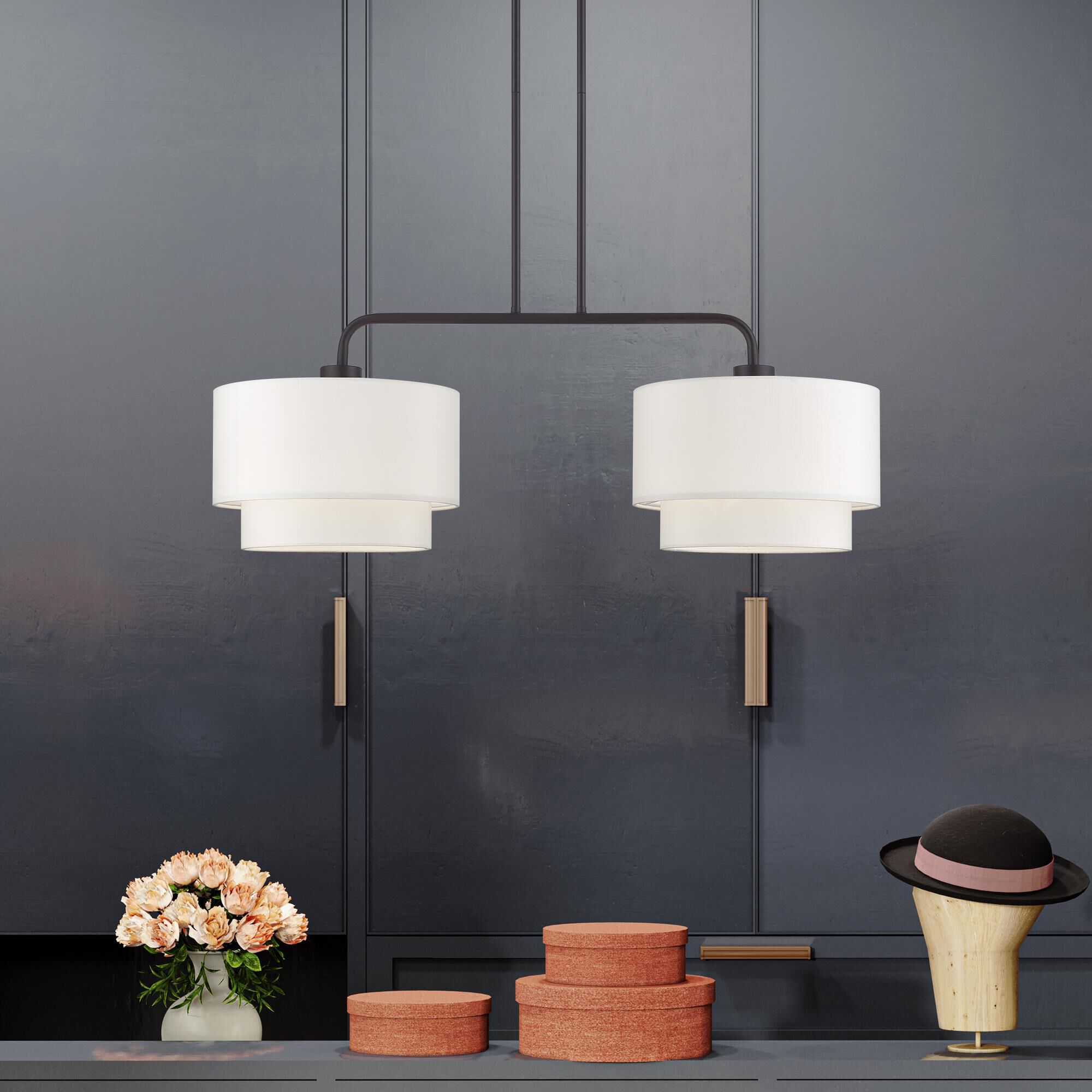 Shown in Bronze finish and Hand Crafted Off-White Fabric Hardbacks with White Fabric Inside shade