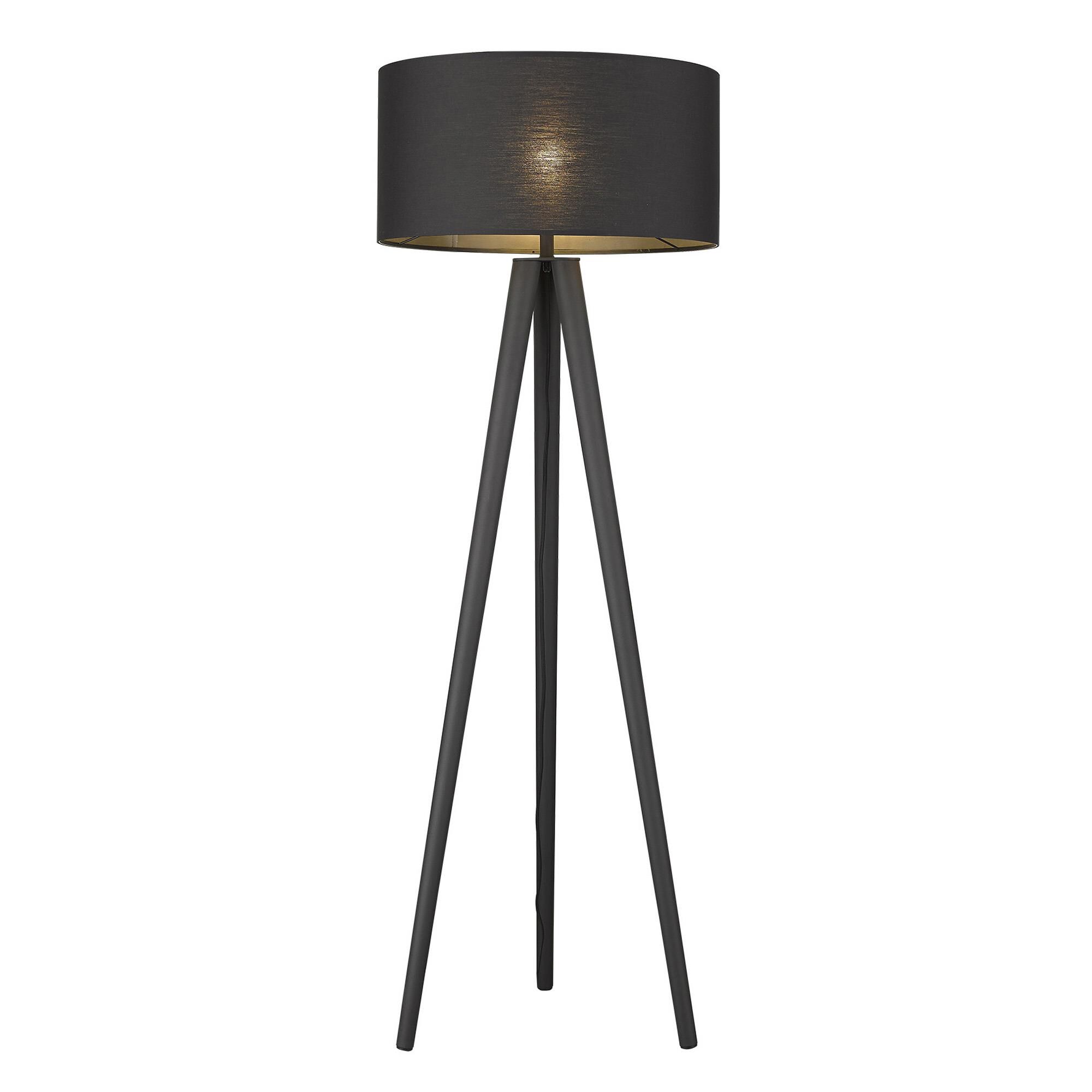 Shown in Matte Black finish and Black glass and Black Fabric Drum shade