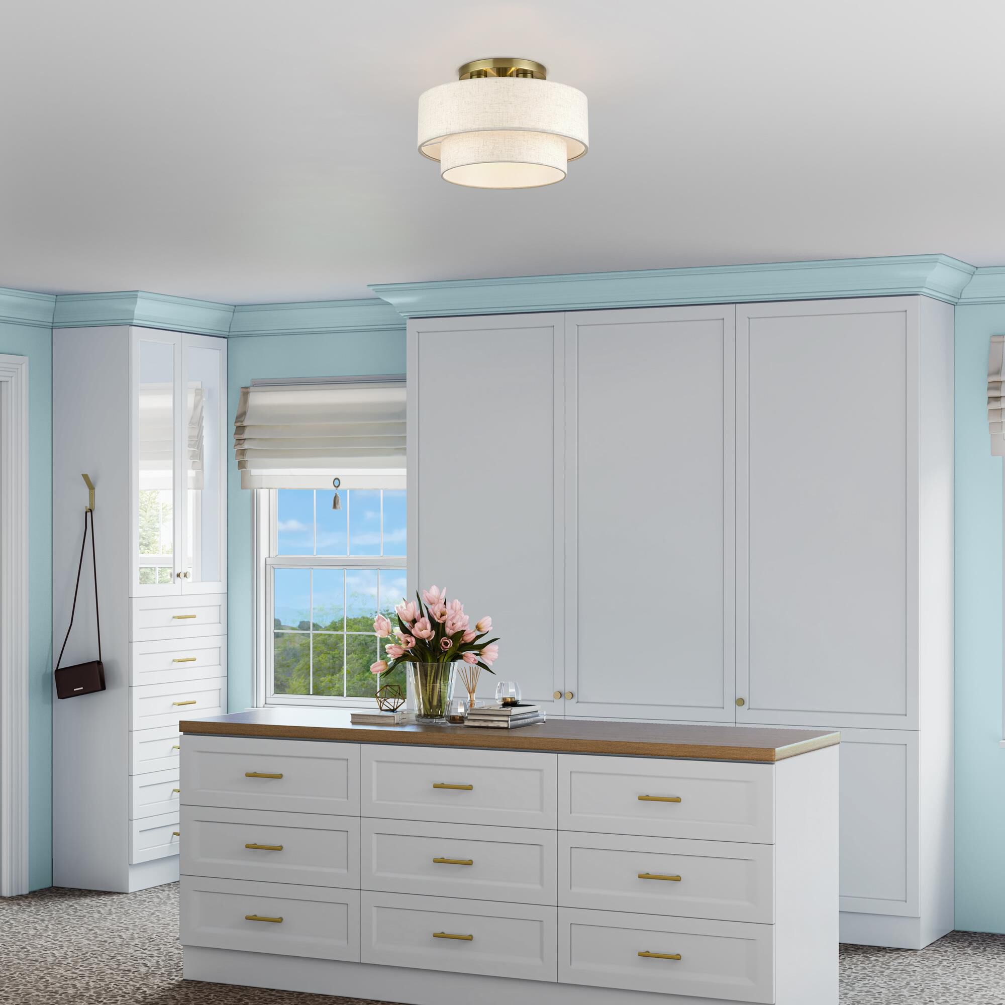 Shown in Antique Brass finish and Hand Crafted Oatmeal Color Fabric with White Color Inside shade