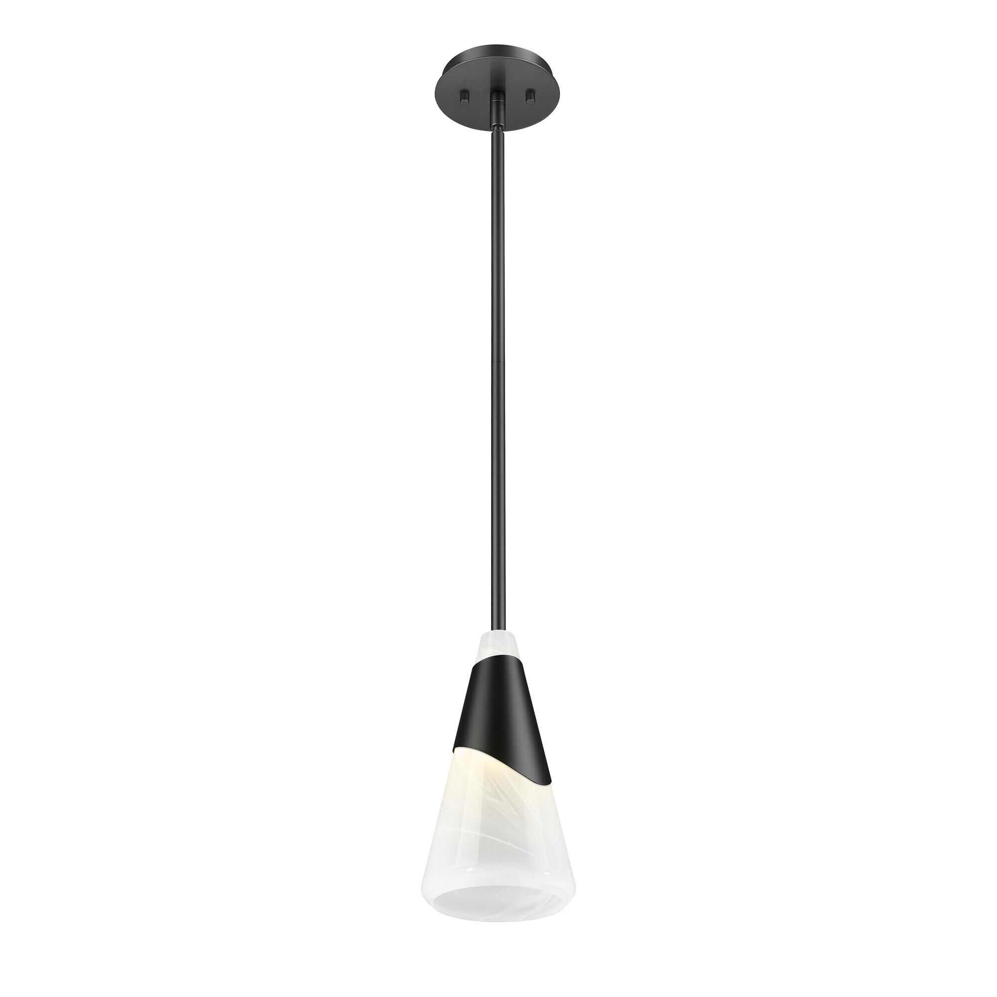 Shown in Matte Black finish and White Swirl glass and White Swirl shade