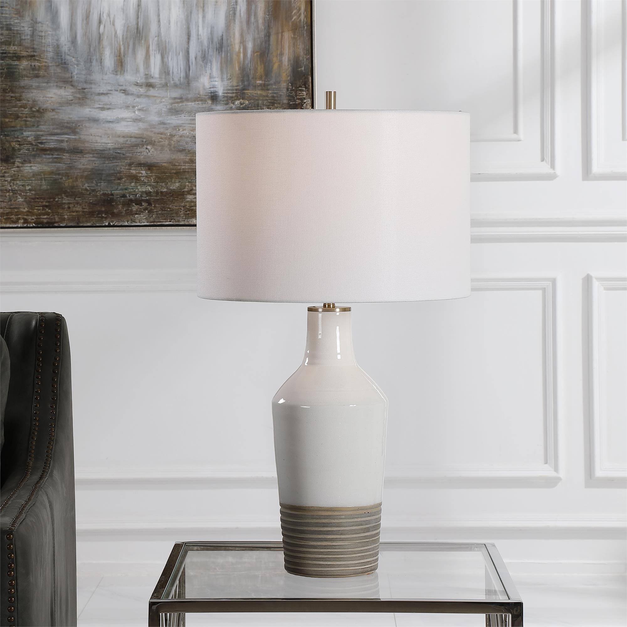 Shown in This Ceramic Lamp Features A White Crackle Glaze Finish Paired With A Ribbed Textured Bottom Half Fi finish and Round Drum Hardback shade