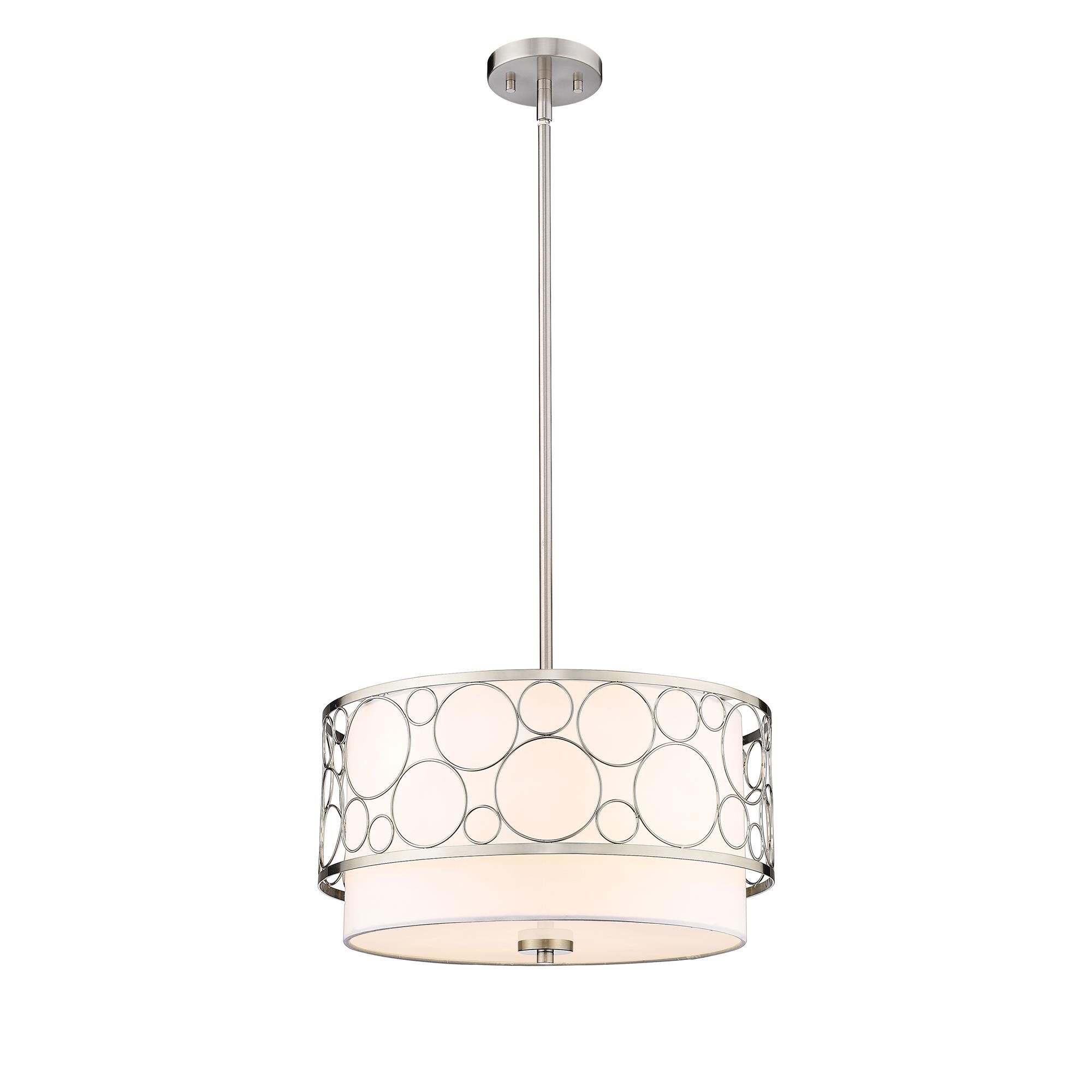 Shown in Brushed Nickel finish and White glass and White shade