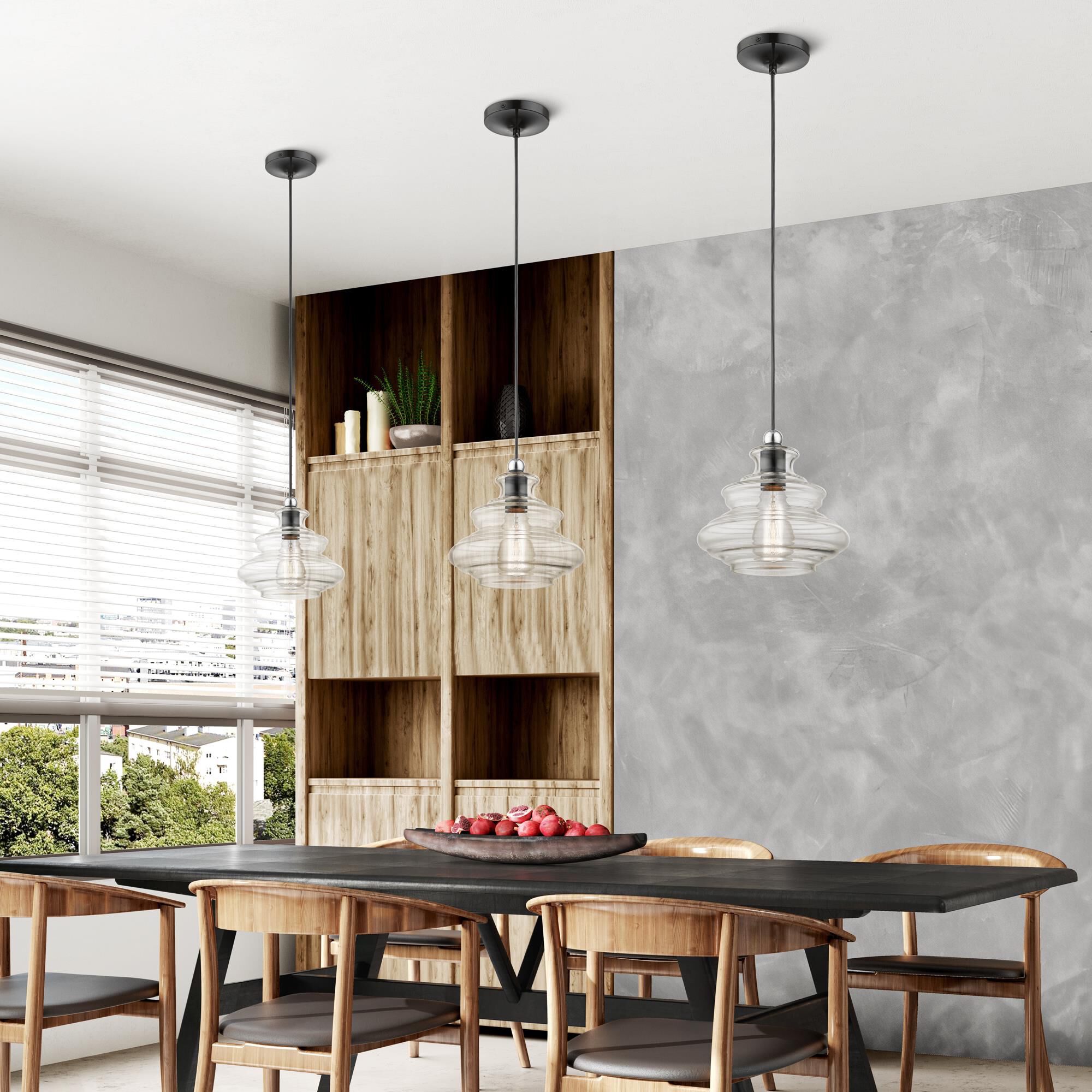 Shown in Shiny Black With Chrome Accents finish and Hand Blown Clear Art glass