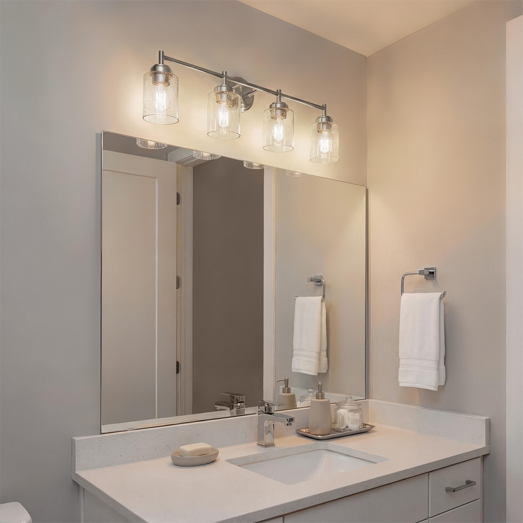 Shown in Brushed Nickel finish and Clear Seeded glass