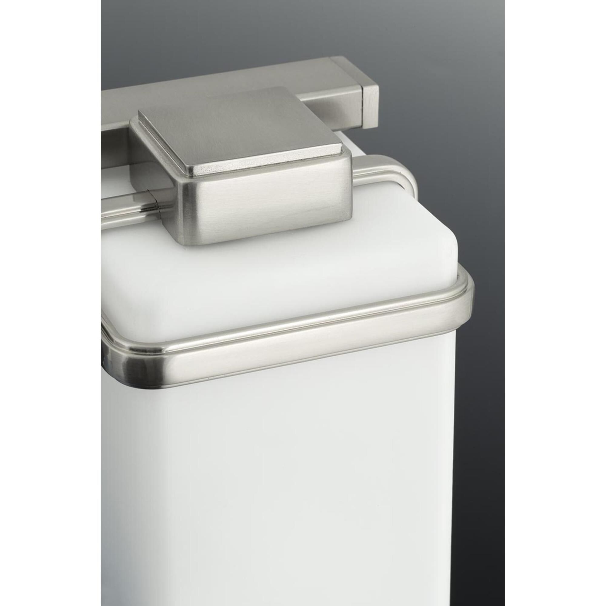 Shown in Brushed Nickel finish and Etched Painted White Inside glass