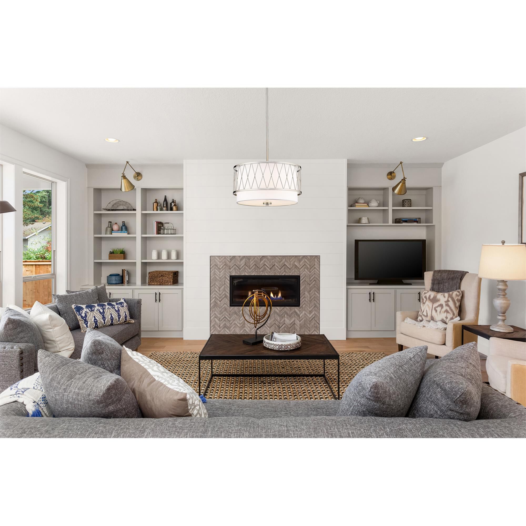 Shown in Brushed Nickel finish and White glass and White shade