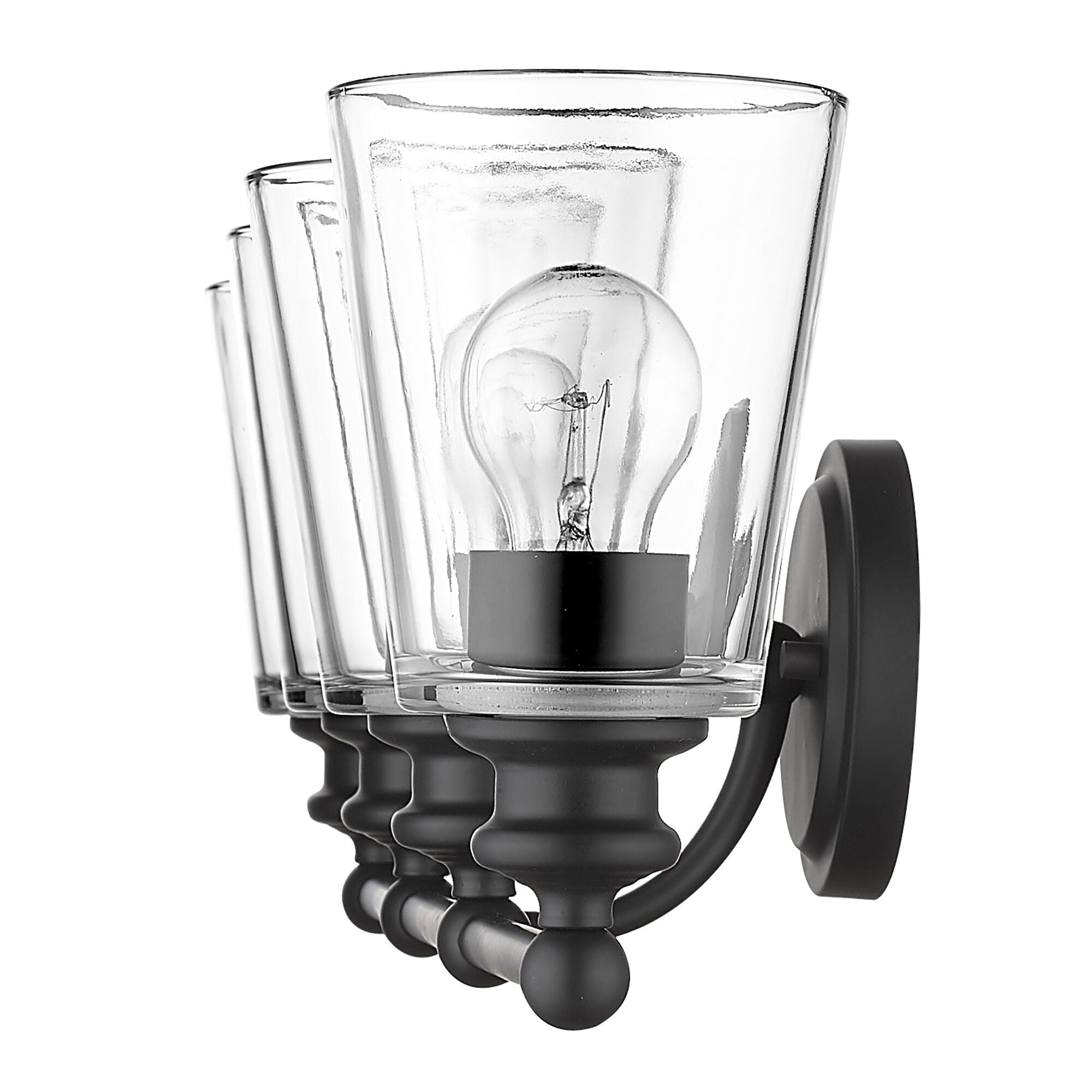 Shown in Matte Black finish and Clear glass and Clear, Cone Shaped Glass shade