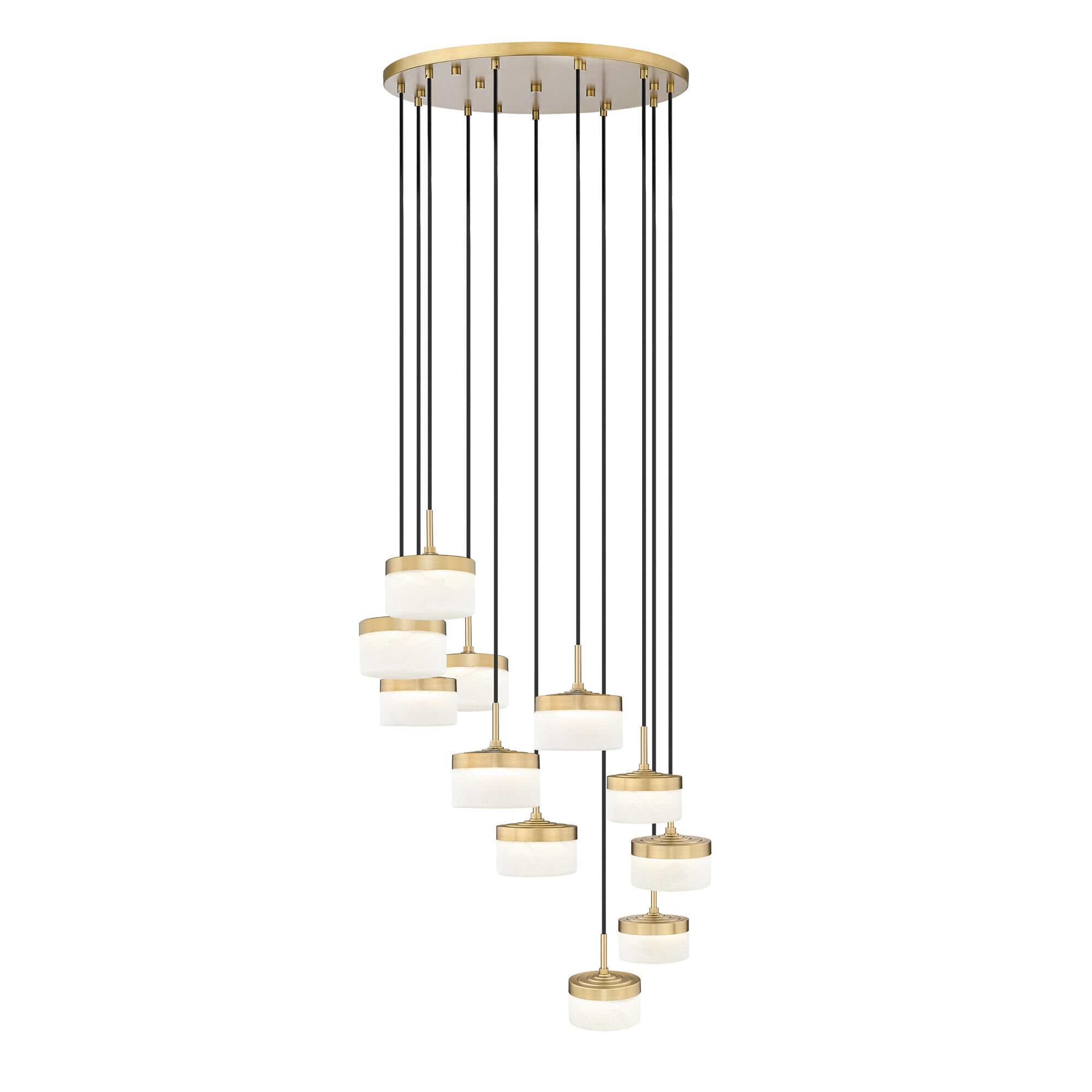 Shown in Modern Gold finish and Feathered White glass