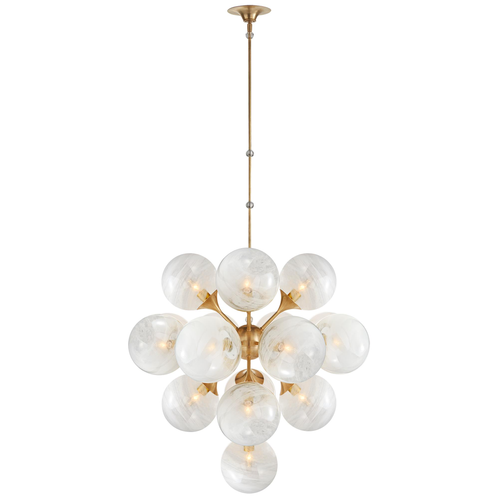 Shown in Hand-Rubbed Antique Brass finish and White glass