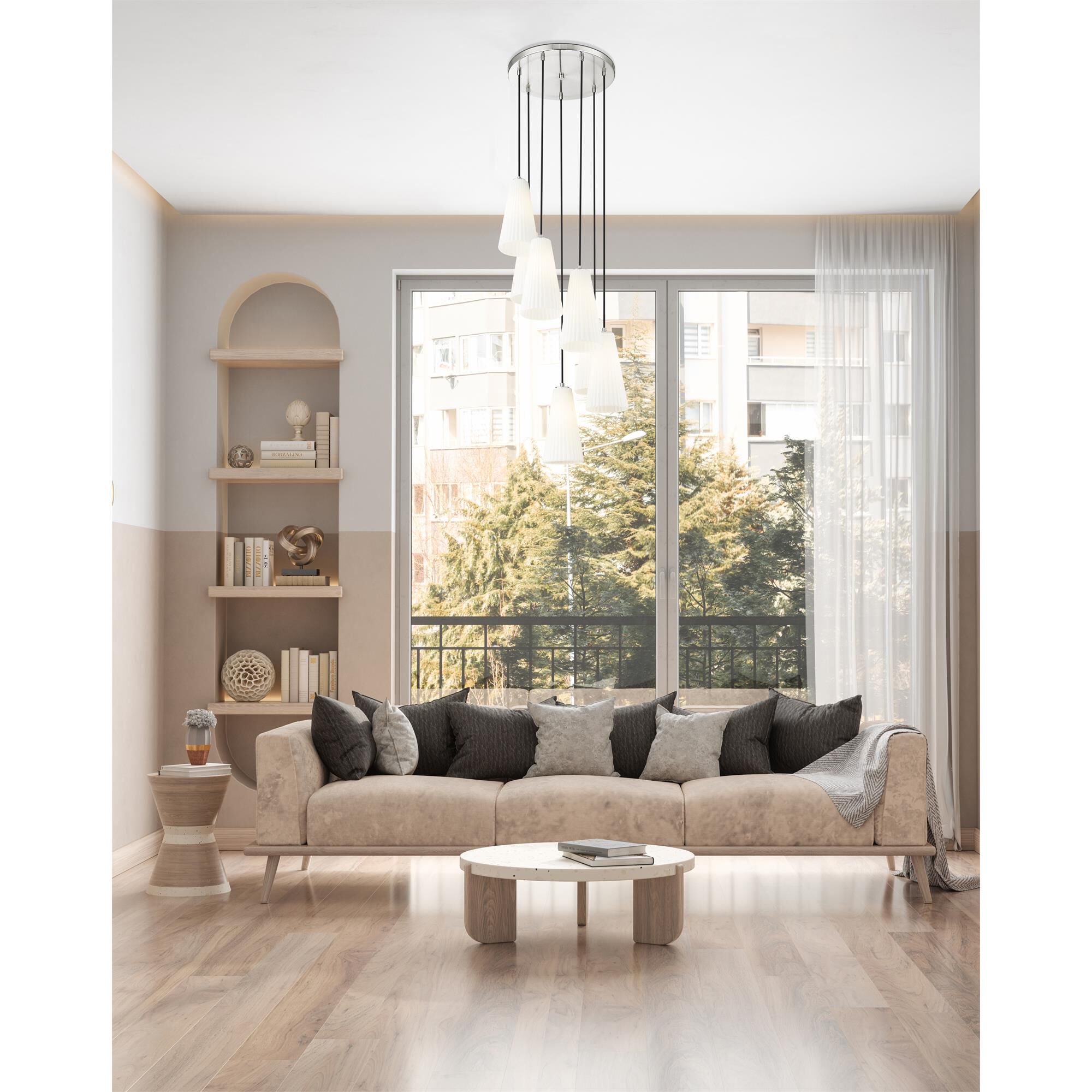 Shown in Brushed Nickel finish and White glass and White shade
