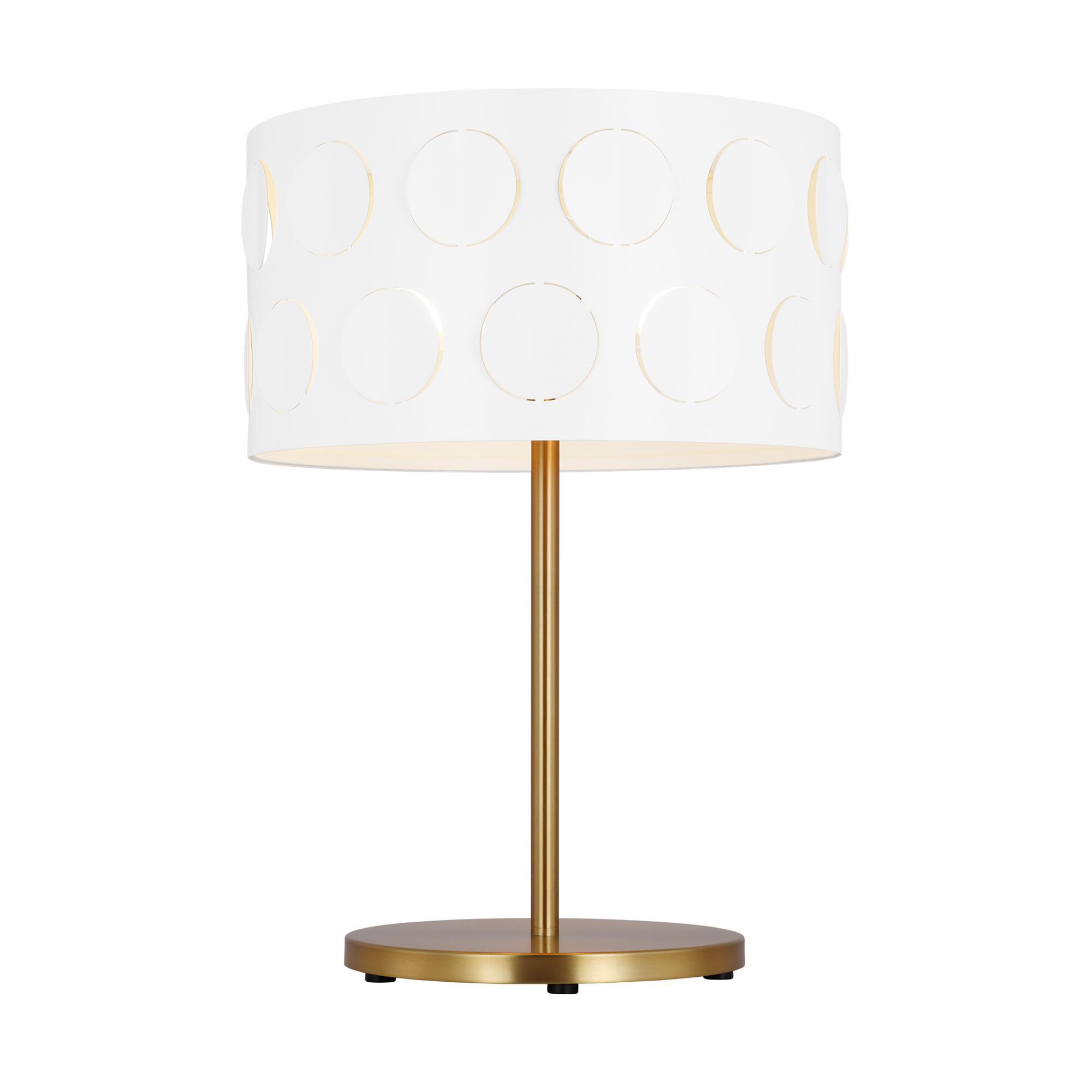 Shown in Burnished Brass finish and White Linen Fabric shade