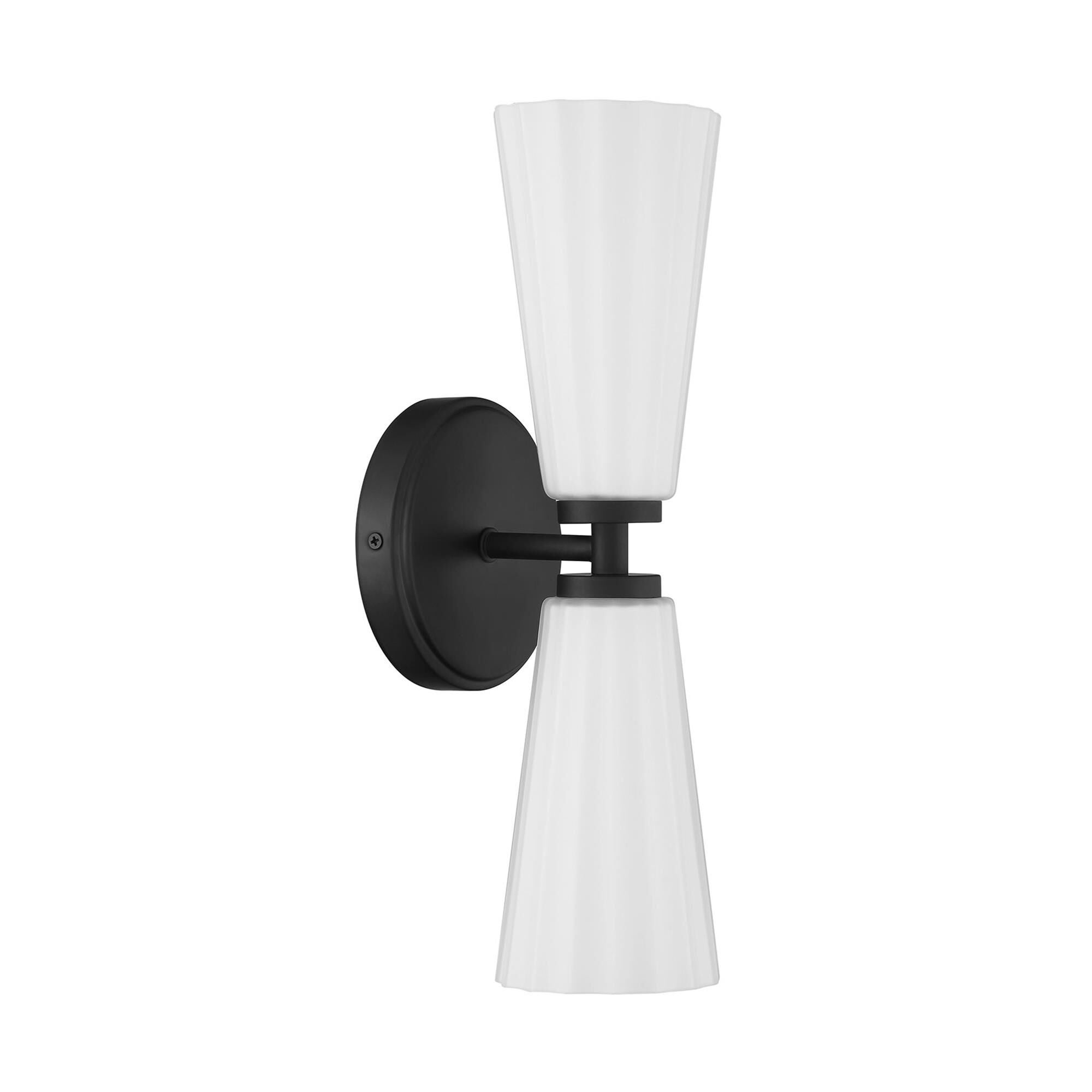 Shown in Matte Black finish and White Fluted glass