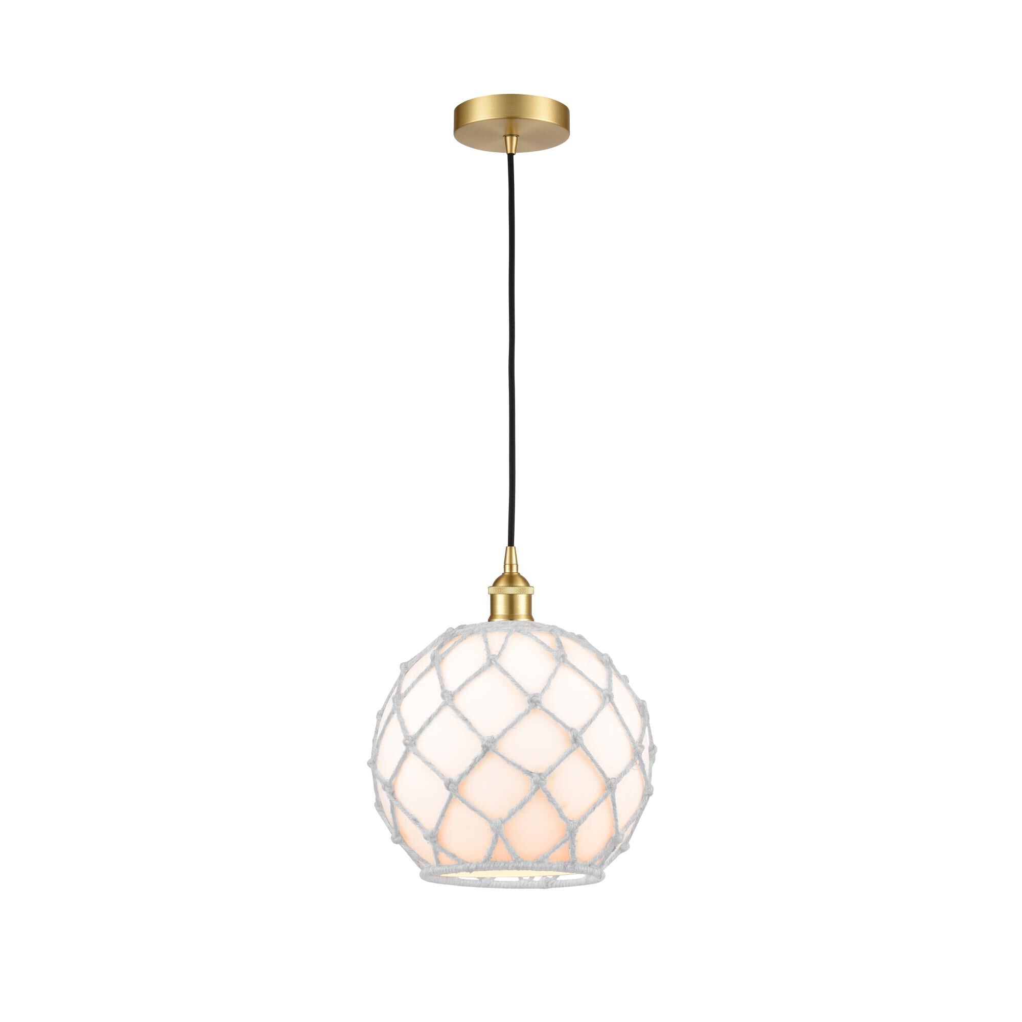 Shown in Satin Gold finish and White Large Farmhouse With White Rope glass