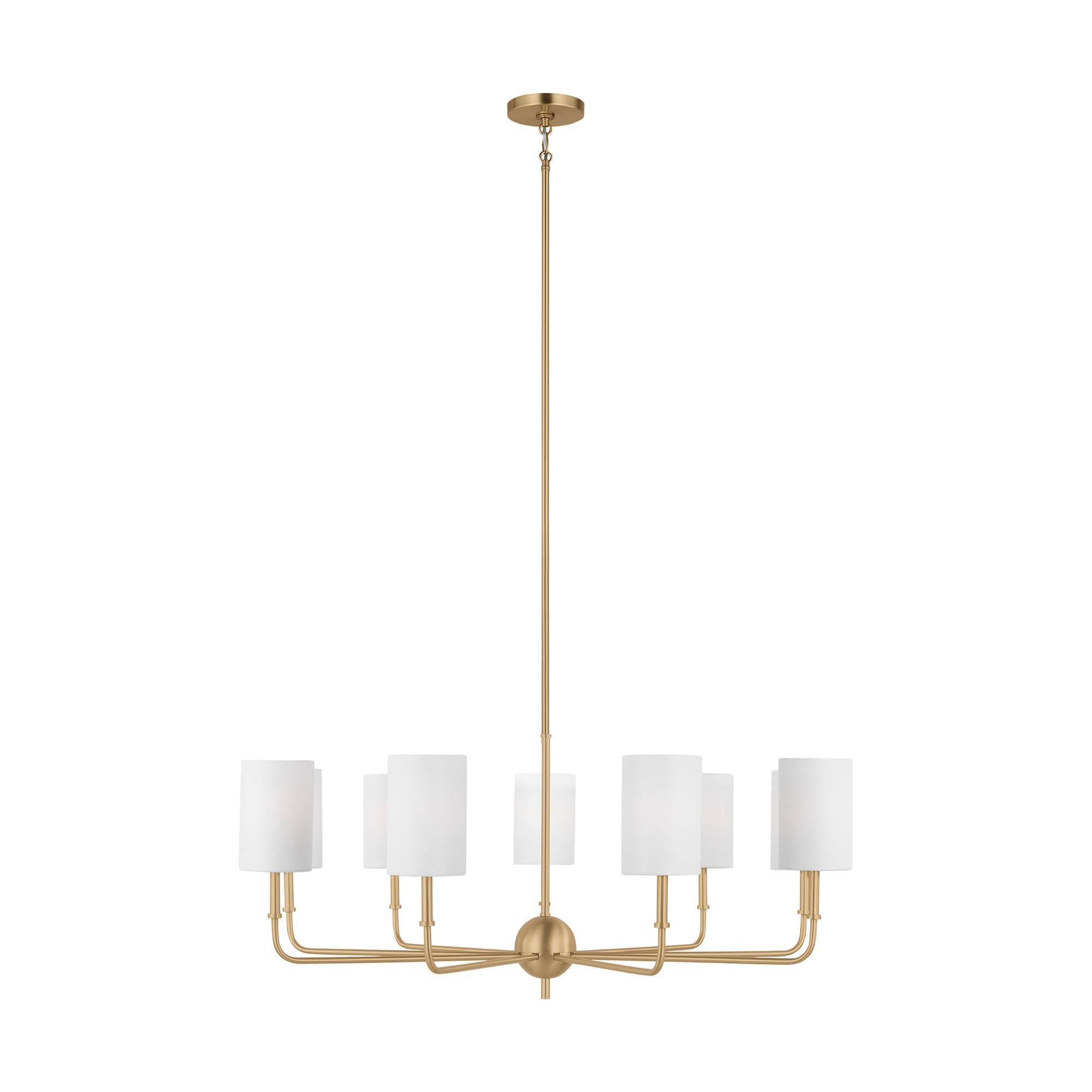 Shown in Satin Brass finish and White Linen glass and White Linen Fabric s shade