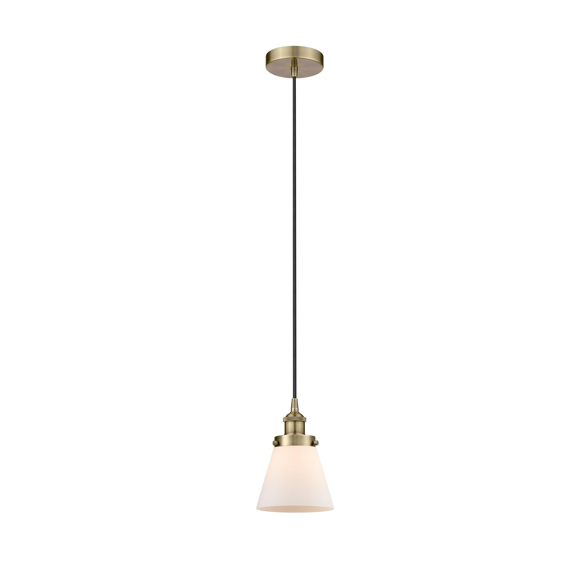 Shown in Antique Brass finish and Matte White Cased Small Cone glass