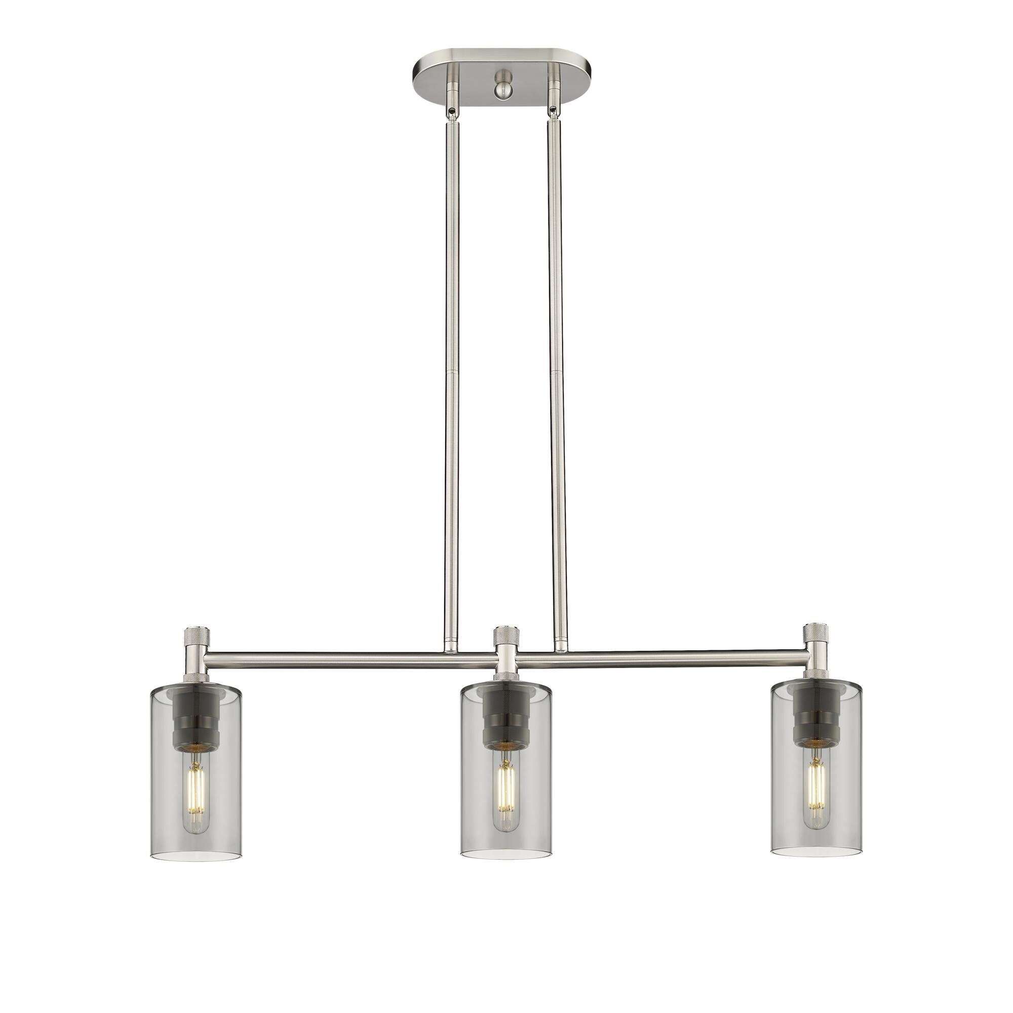 Shown in Satin Nickel finish and Plated Smoke glass and Plated Smoke Glass shade