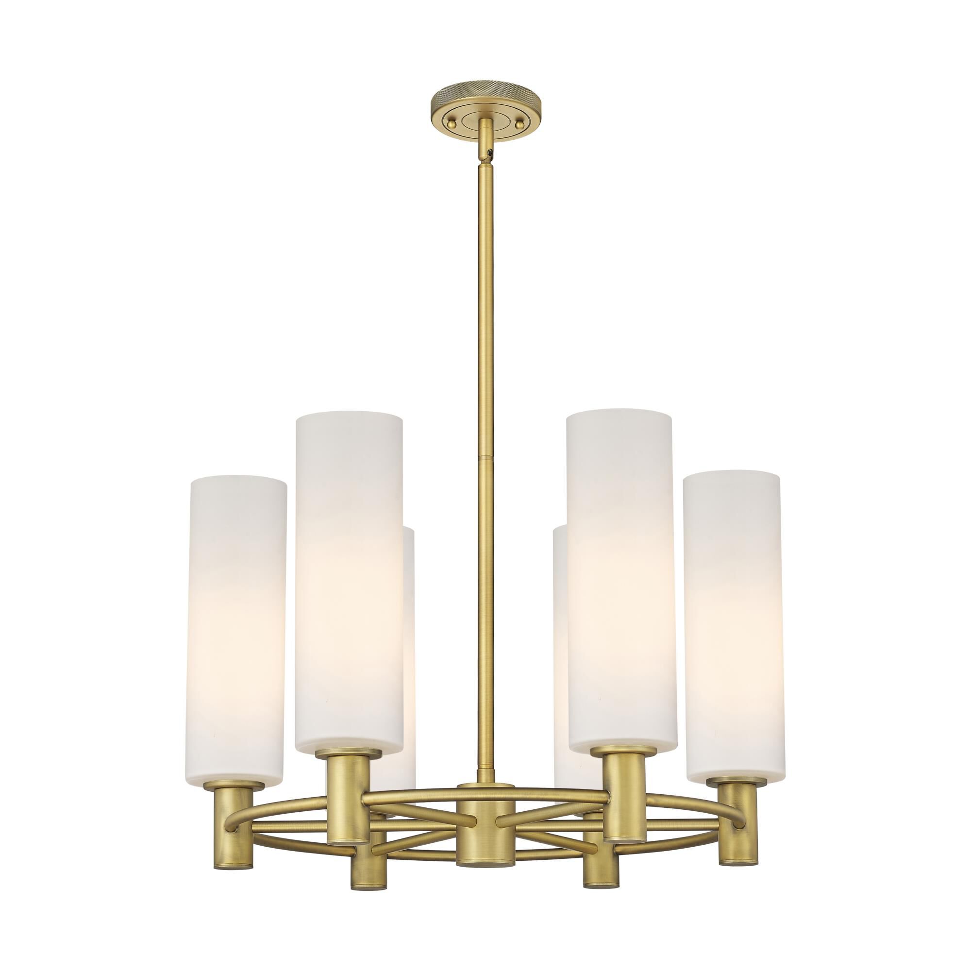 Shown in Brushed Brass finish and Matte White glass