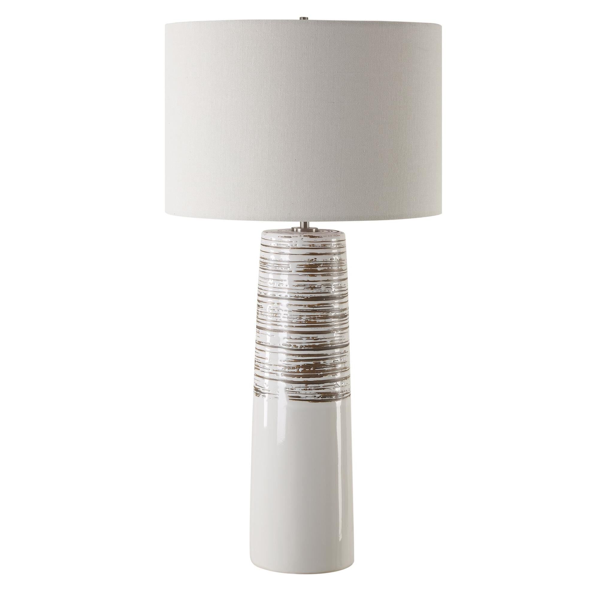 Shown in White Glaze finish and Round Drum Hardback shade