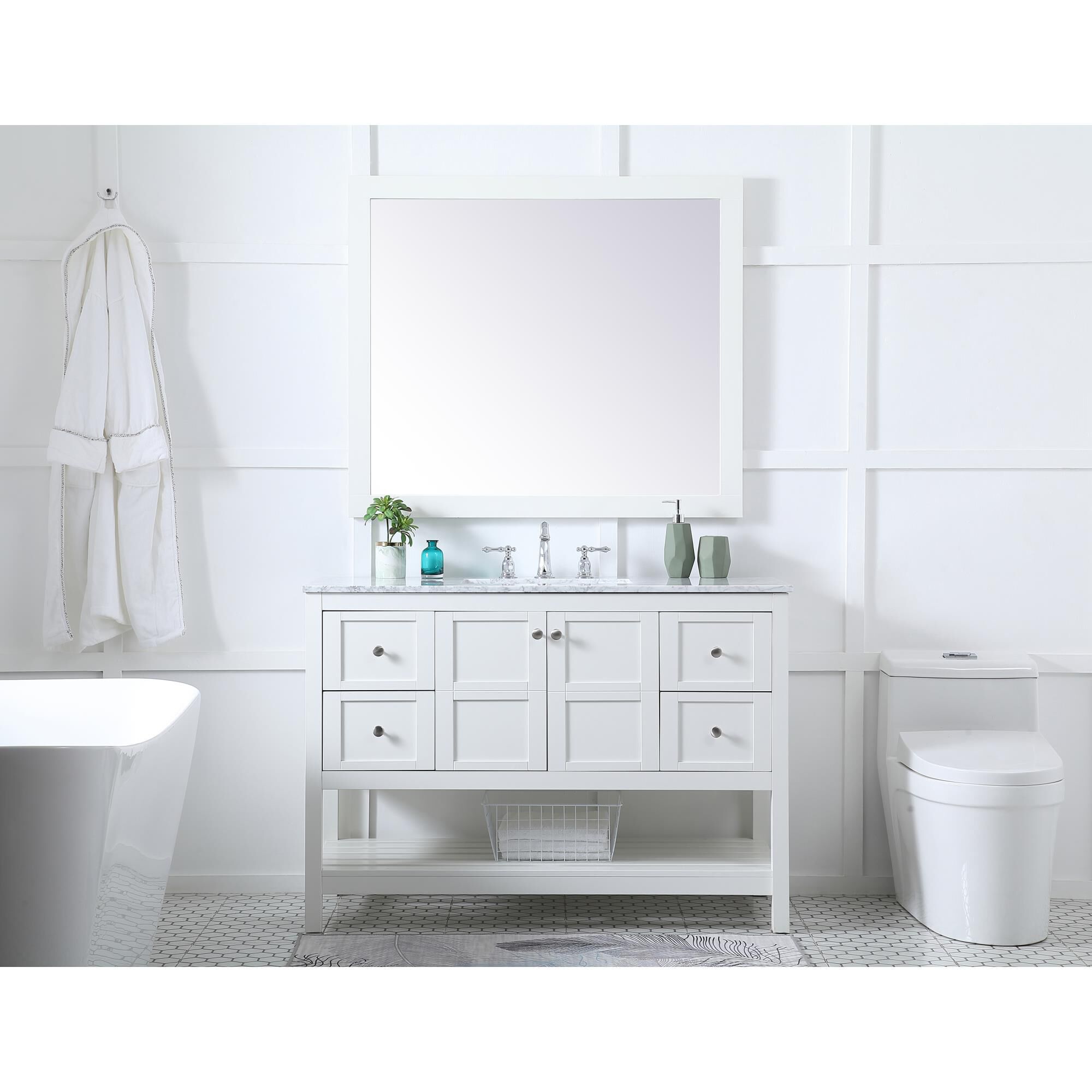 Shown in White And Brushed Nickel With Carrara White Marble finish