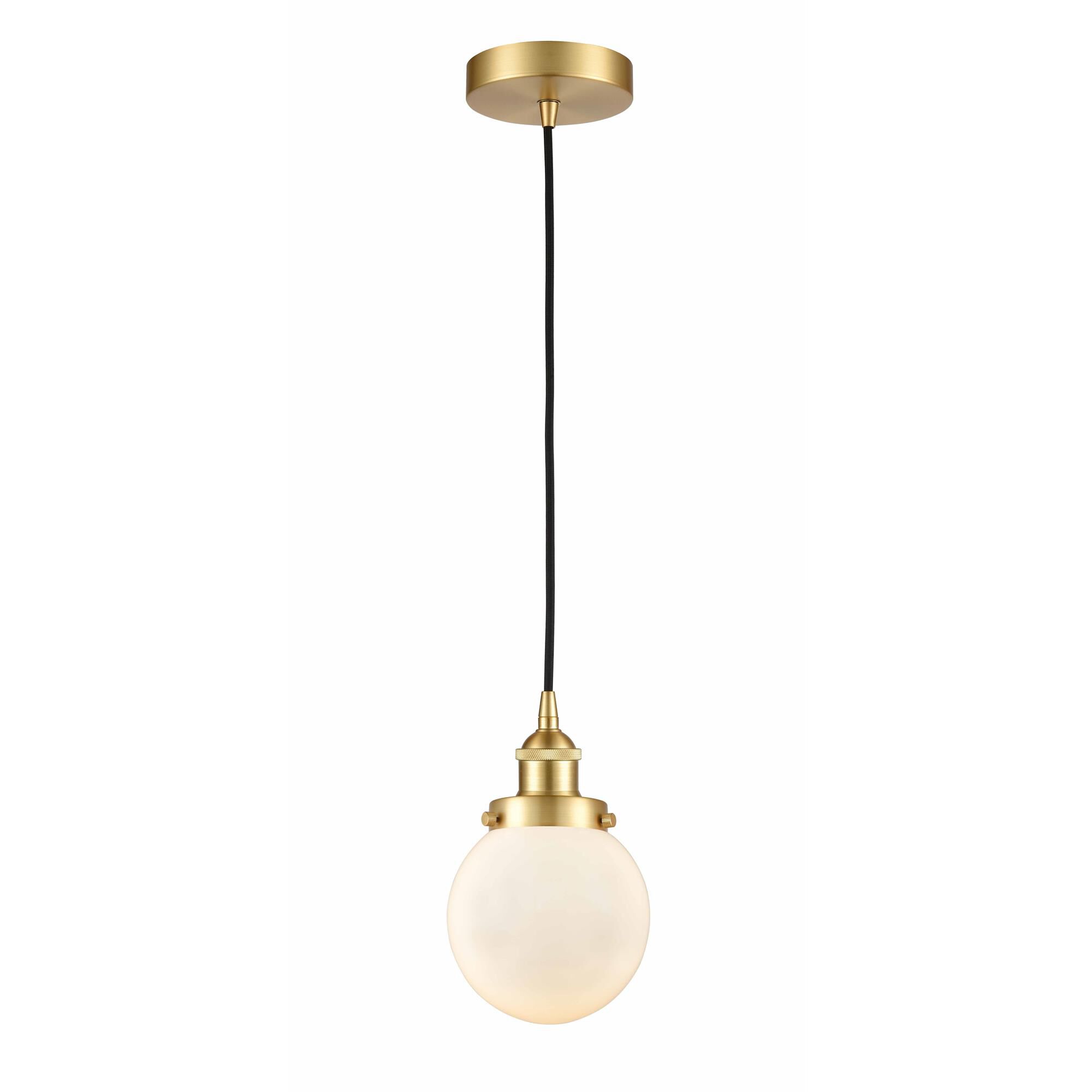 Shown in Satin Gold finish and Matte White Cased Beacon glass