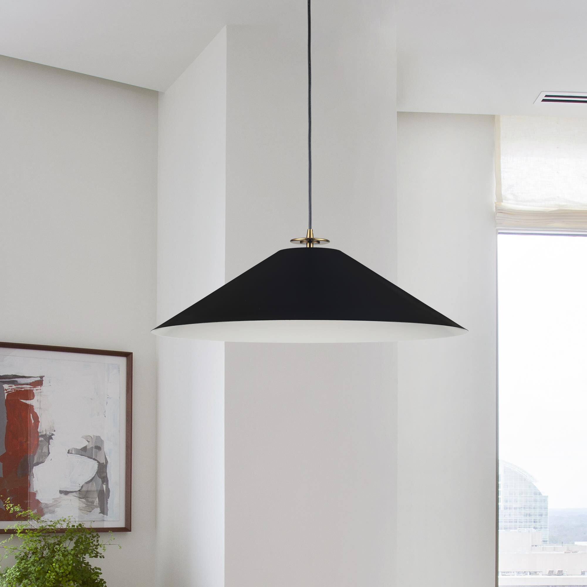 Shown in Black and Aged Brass finish and Black Metal Cone shade