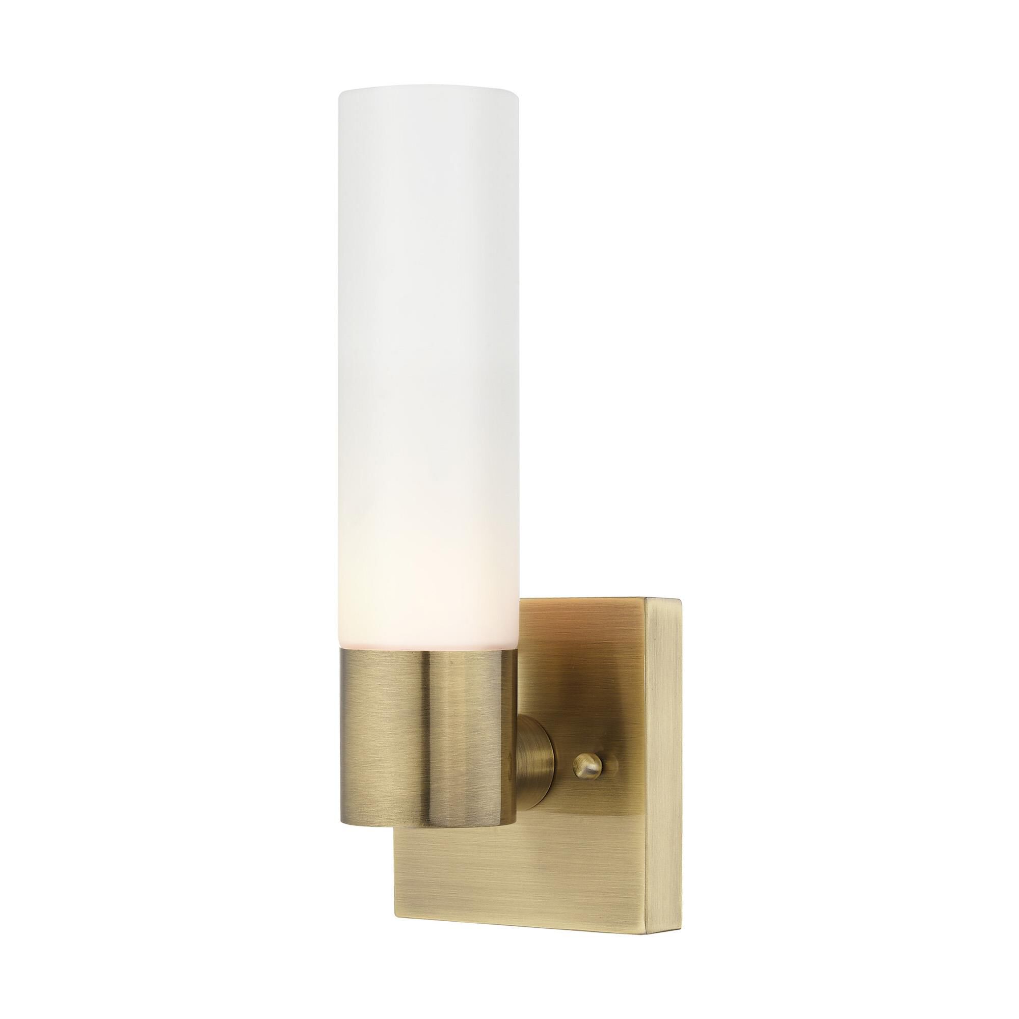 Shown in Antique Brass finish and Hand Blown Satin Opal White Twist Lock glass