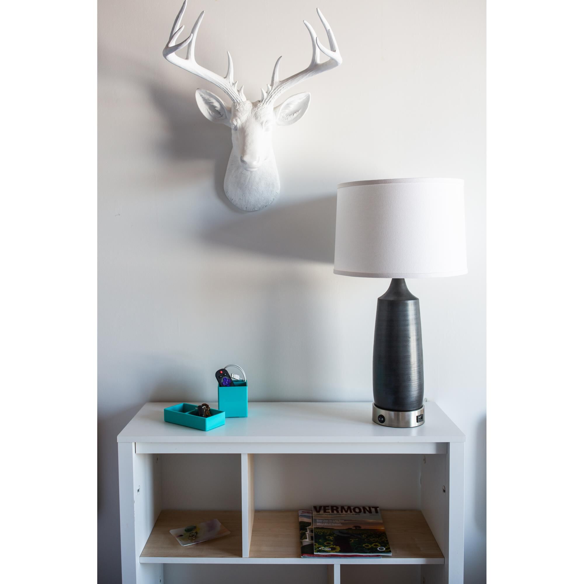 Shown in Black Matte finish and White Linen Hardback shade