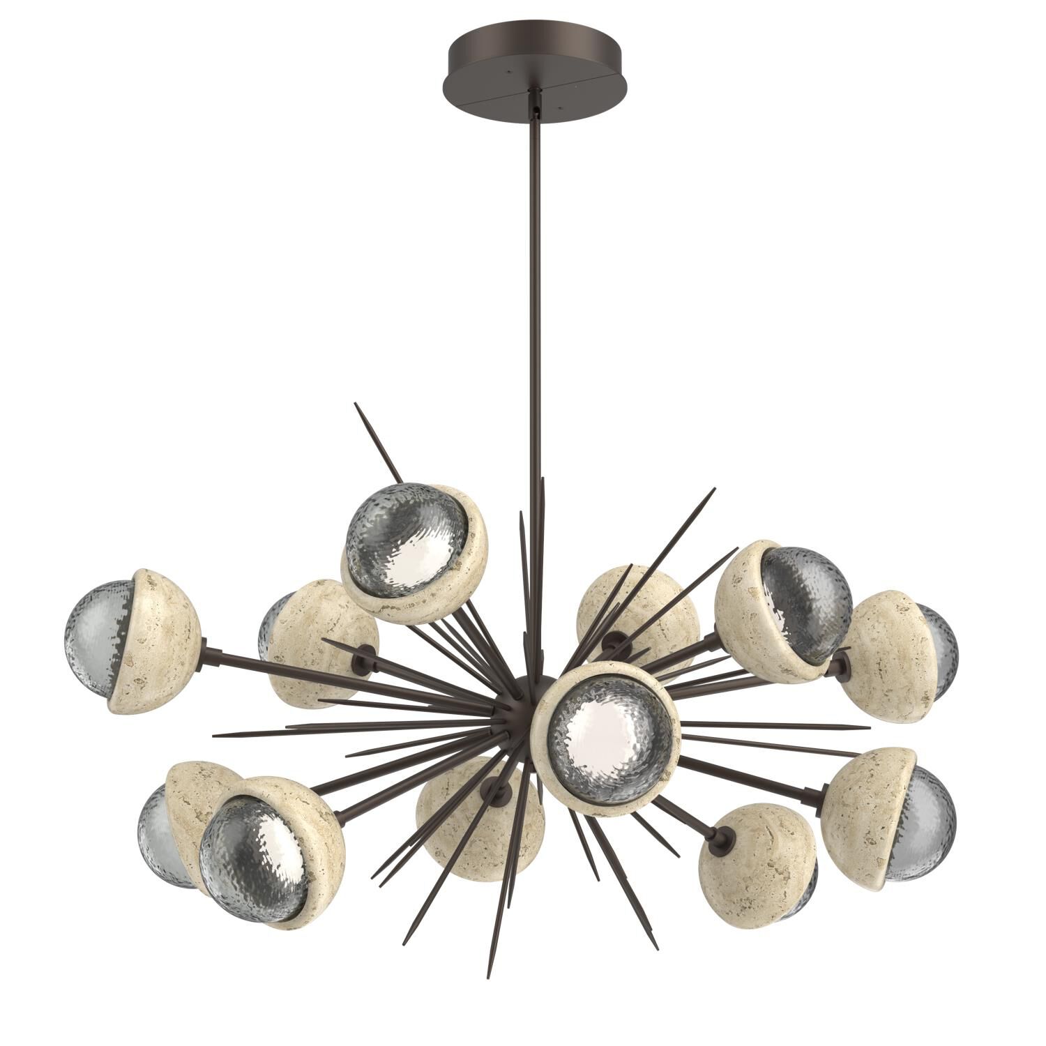 Shown in Flat Bronze finish and Smoke glass and Travertine Stone accent