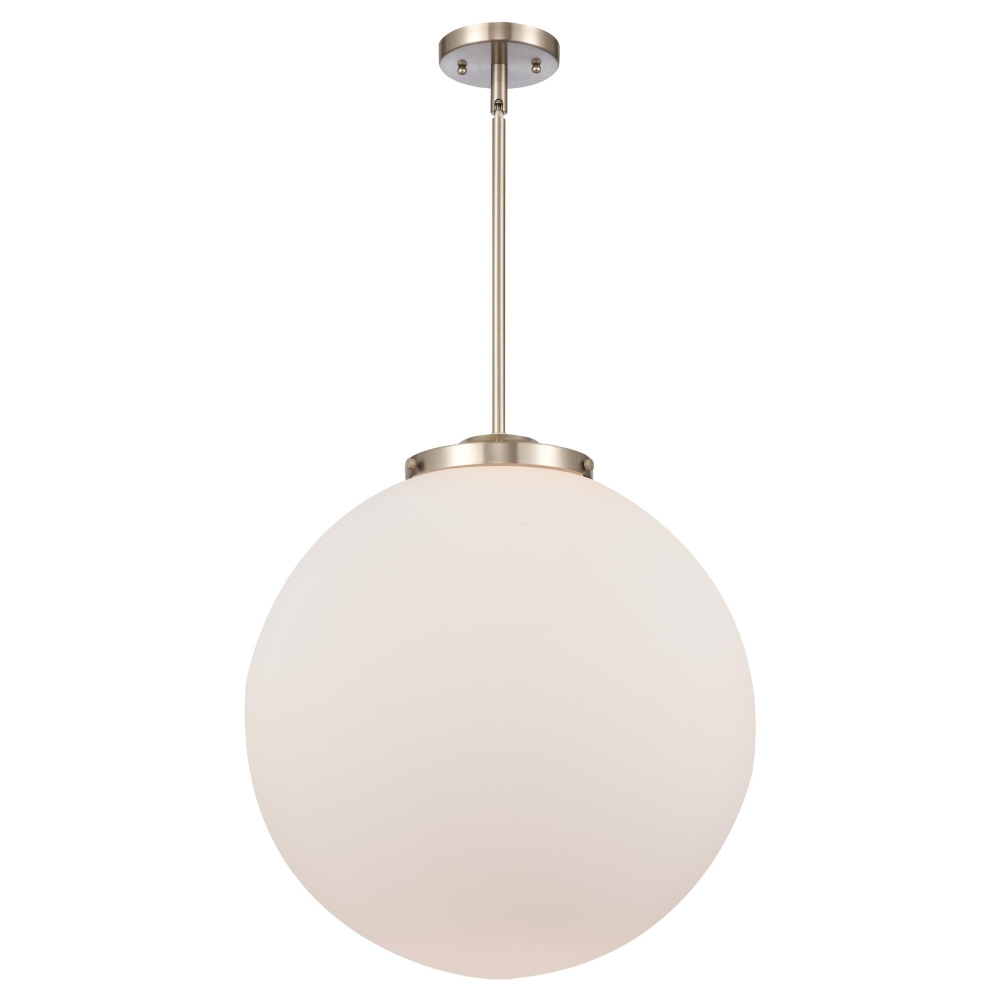 Shown in Brushed Satin Nickel finish and Matte White Cased Beacon glass