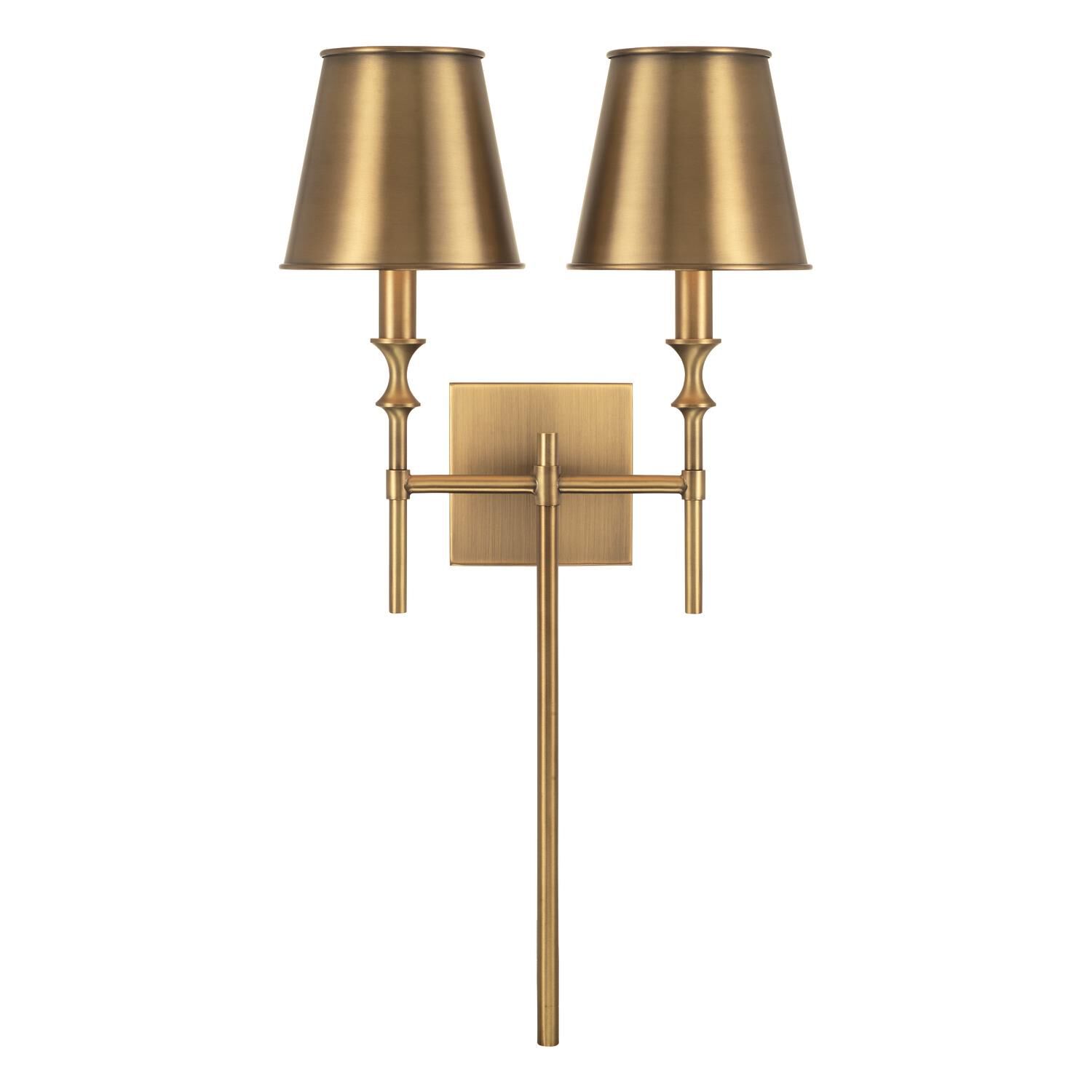 Shown in Aged Brass finish and Aged Brass Metal Stay-Straight  with White Interior shade