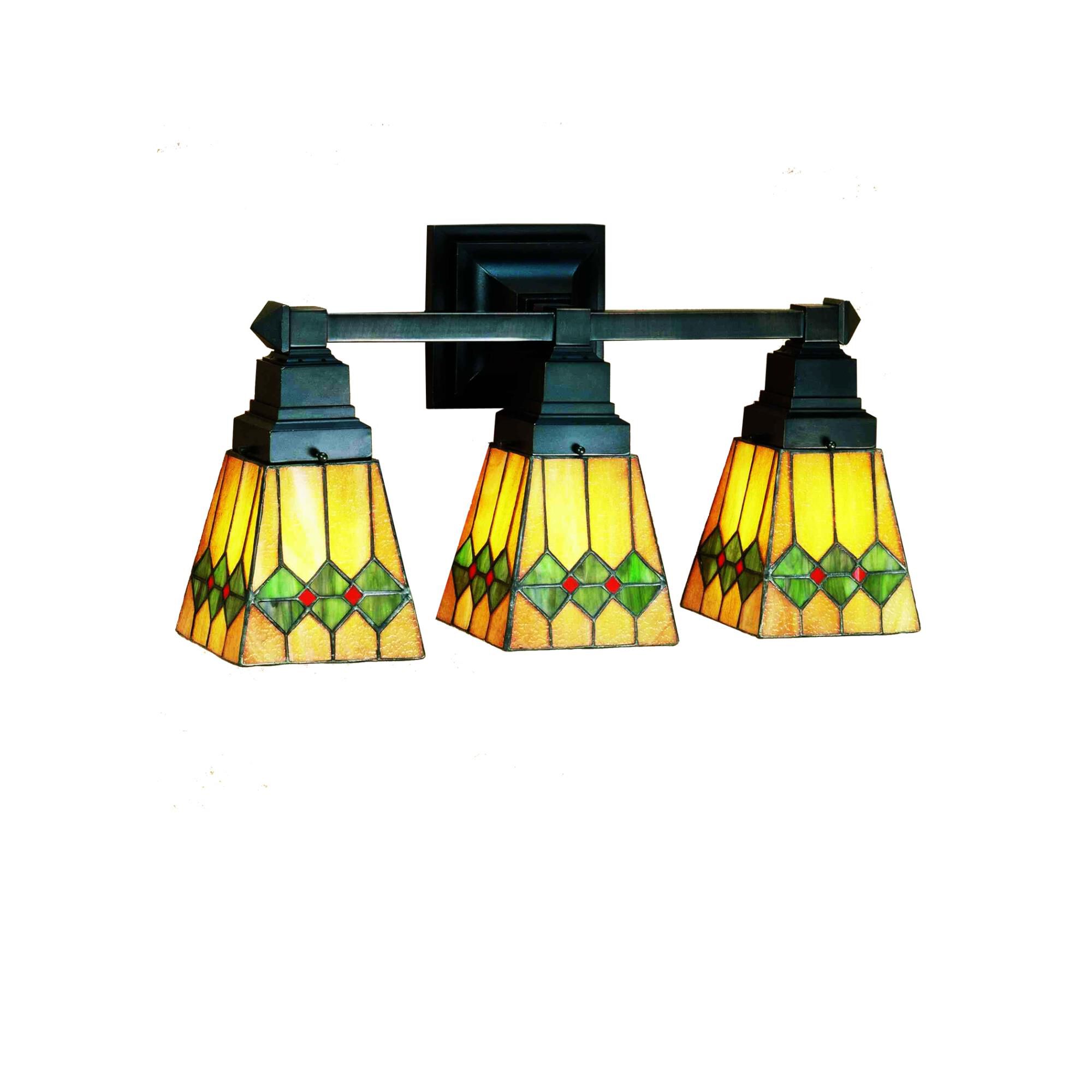 Shown in Mahogany Bronze finish and Olive Green-Pimento Red-Honey Amber glass