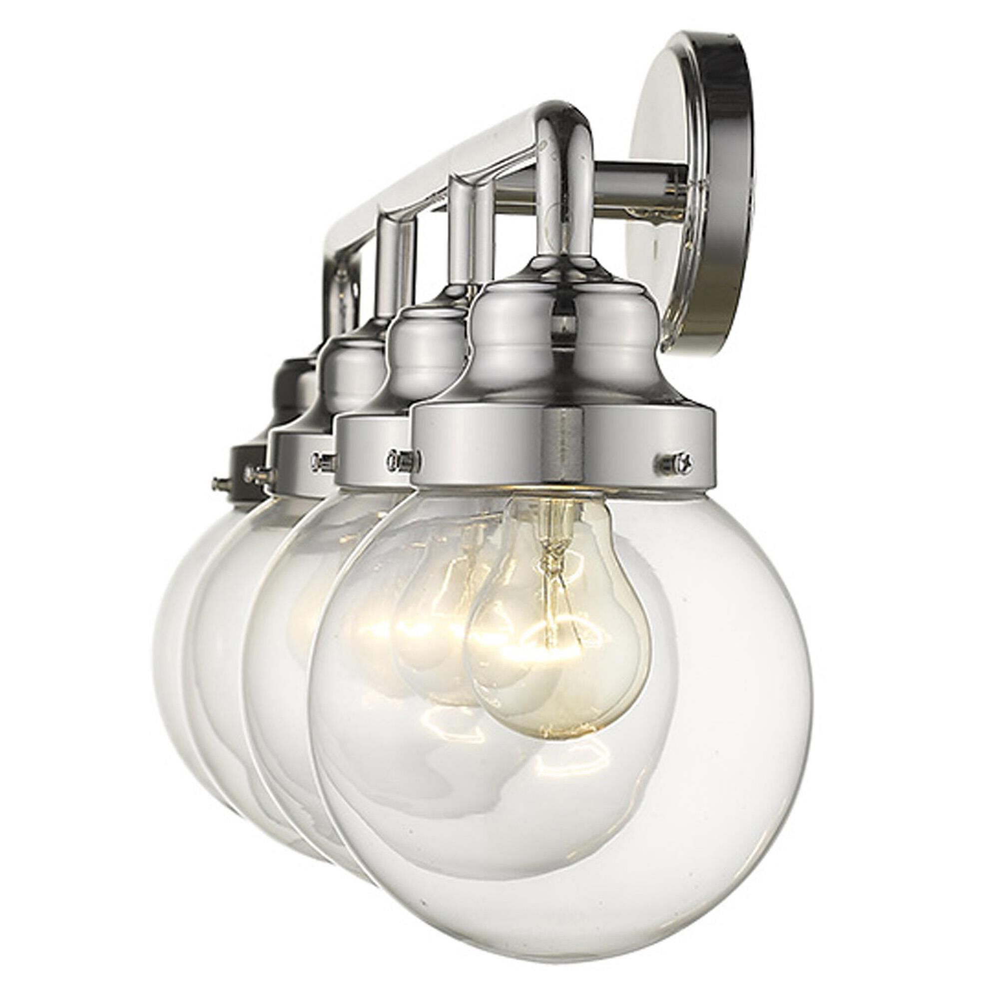 Shown in Polished Nickel finish and Clear glass and Clear, Glass Globes shade
