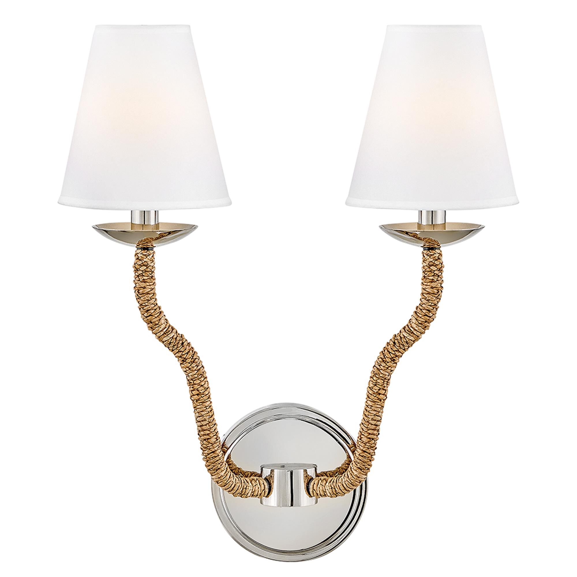 Shown in Polished Nickel finish and Faux Parchment shade and Natural accent
